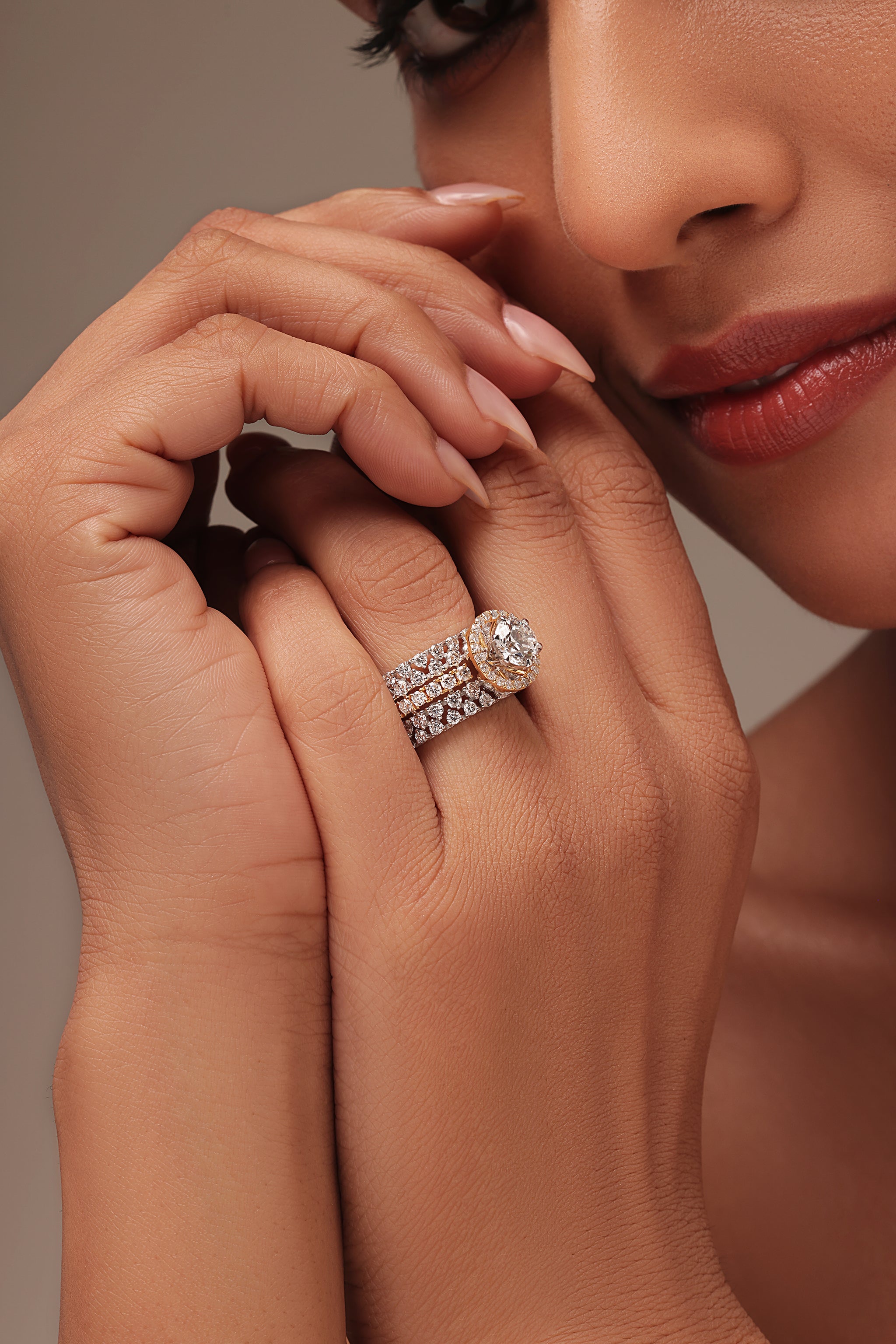 Five Row Round Solitaire with halo Cocktail Ring