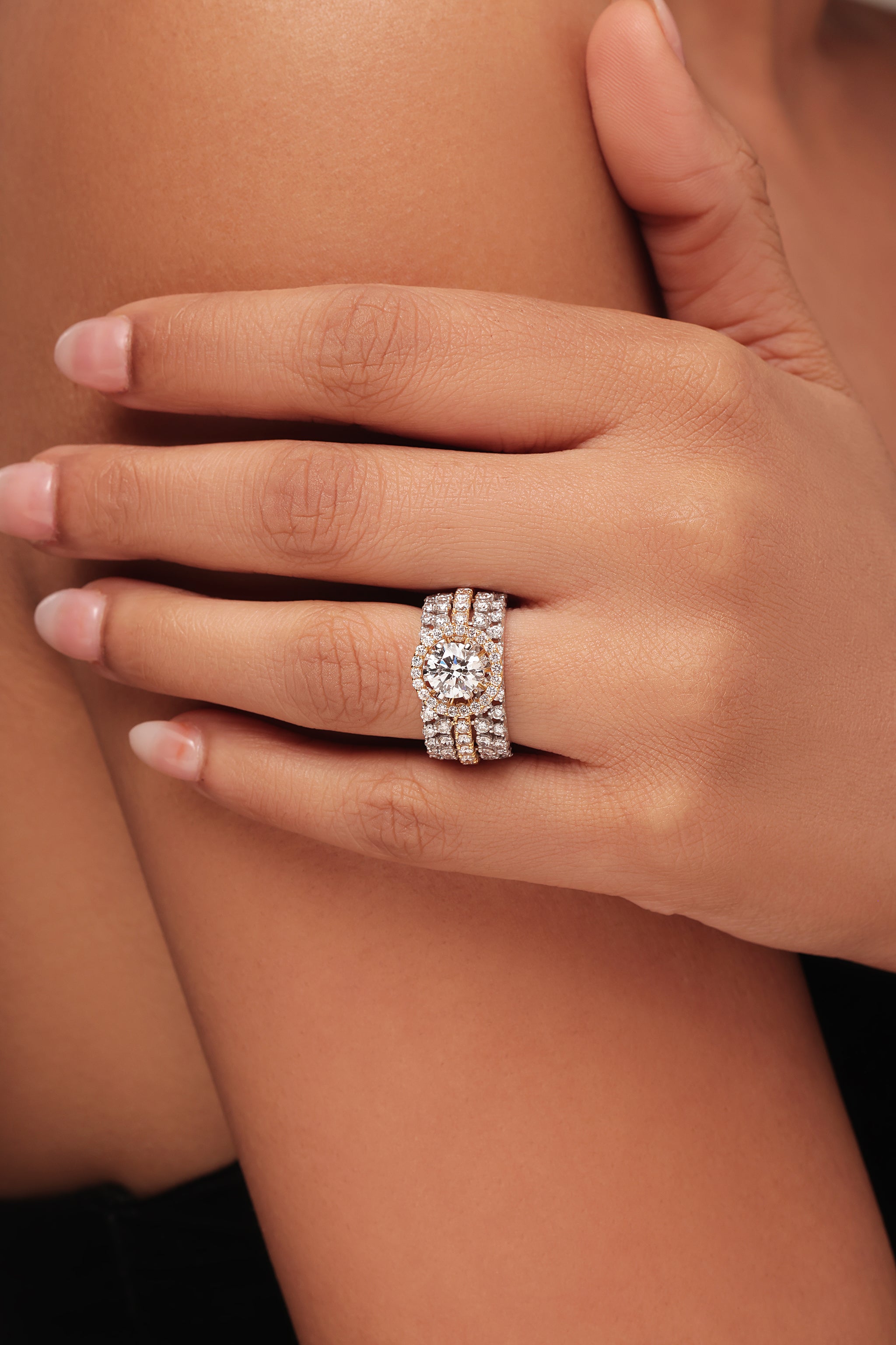 Five Row Round Solitaire with halo Cocktail Ring