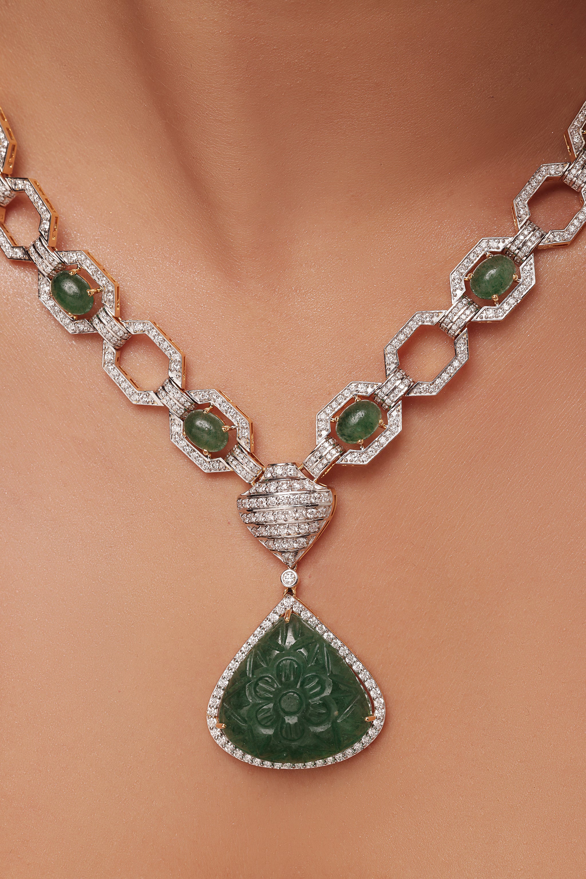 Carved Emerald and Diamond Necklace