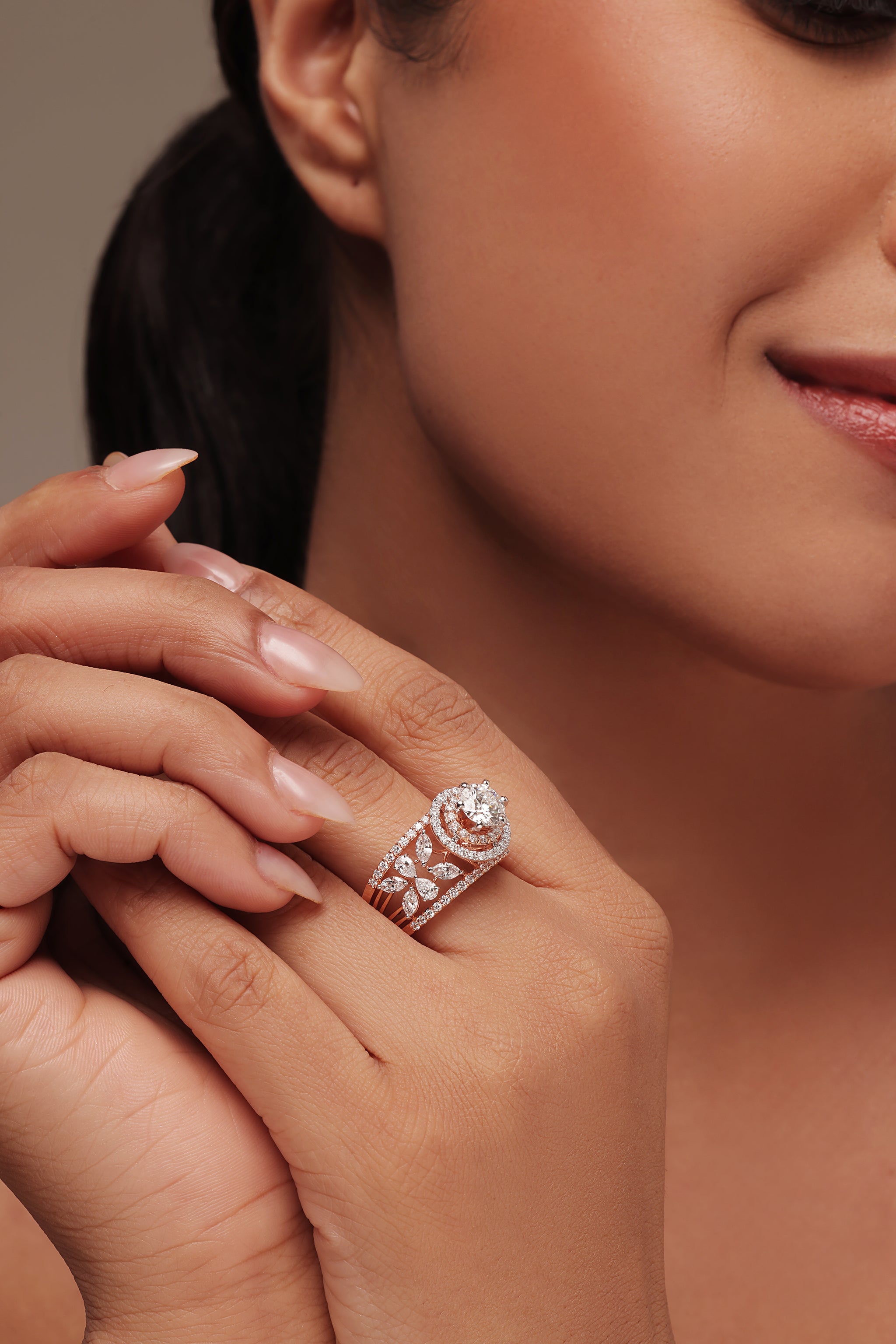 Round and Marquise Double Halo Floral Cocktail Ring