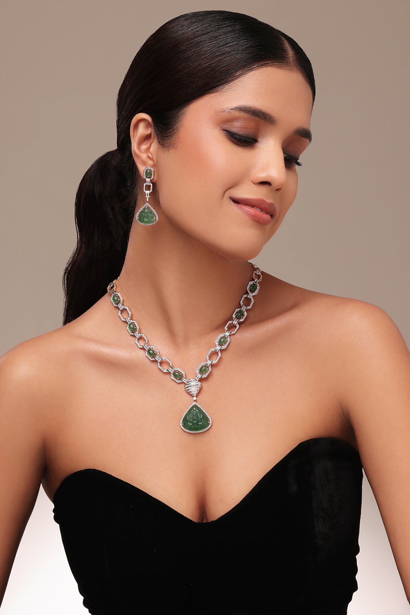 Carved Emerald and Diamond Earring