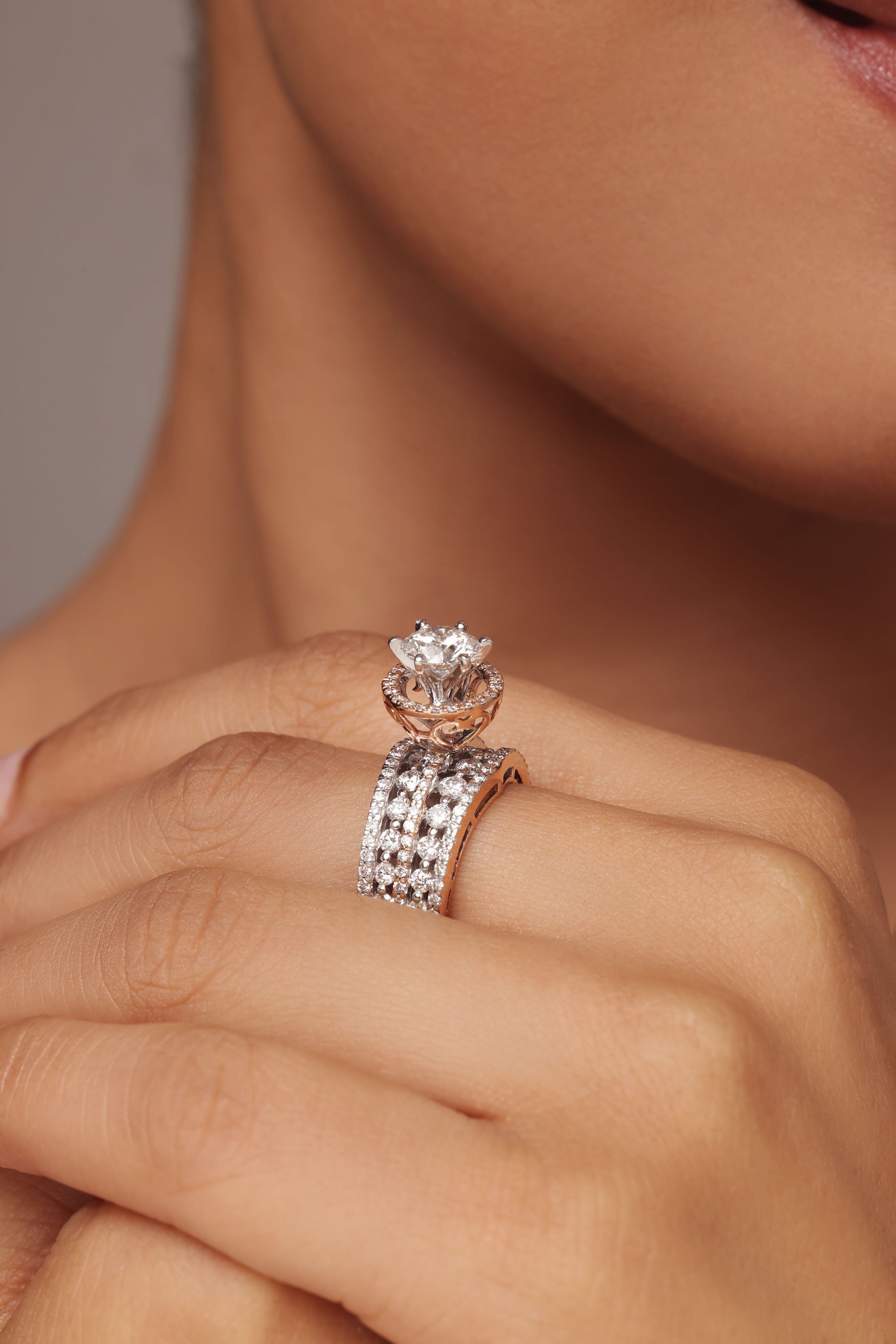 Round halo five-row cocktail ring