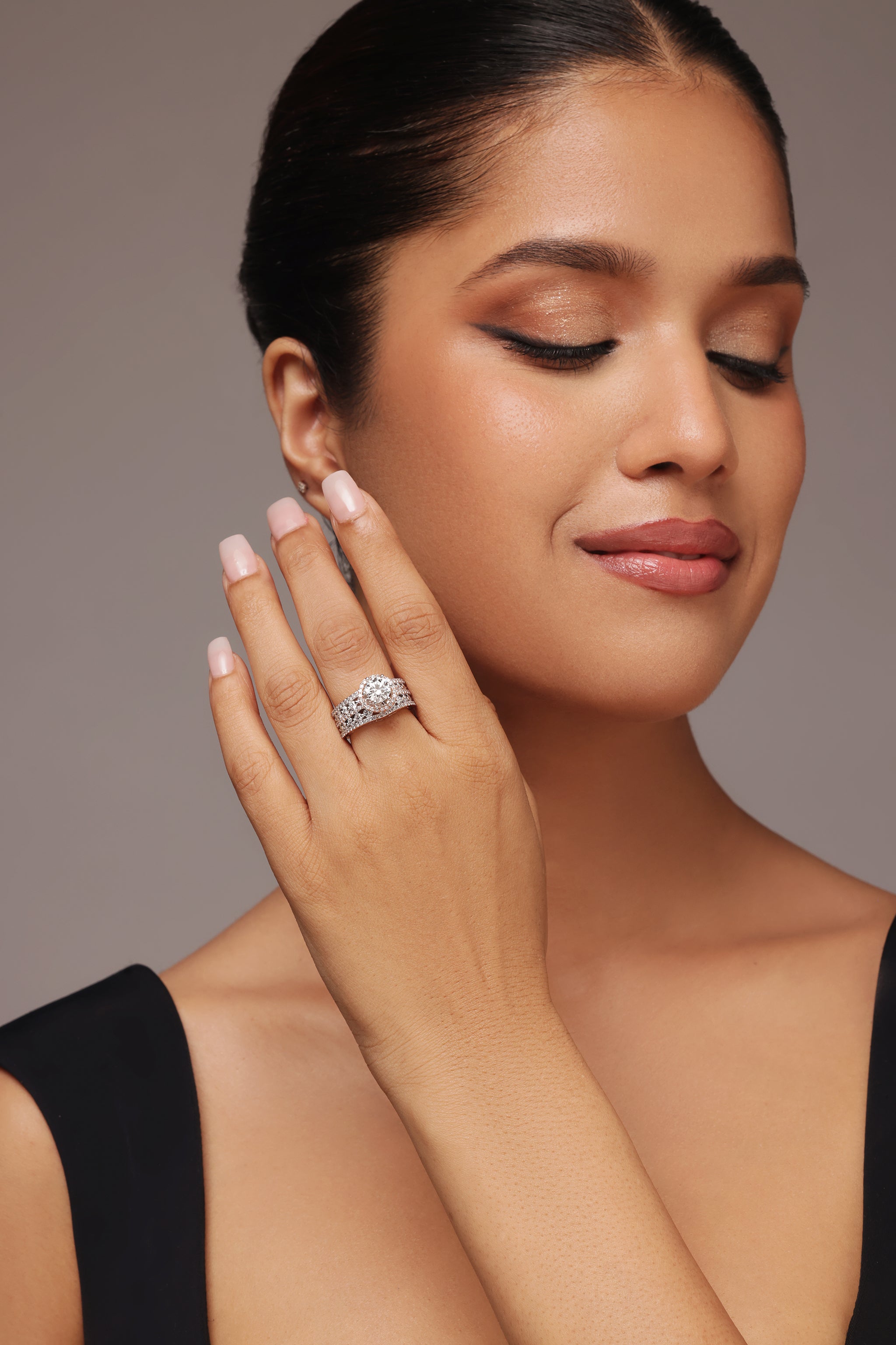Round halo five-row cocktail ring