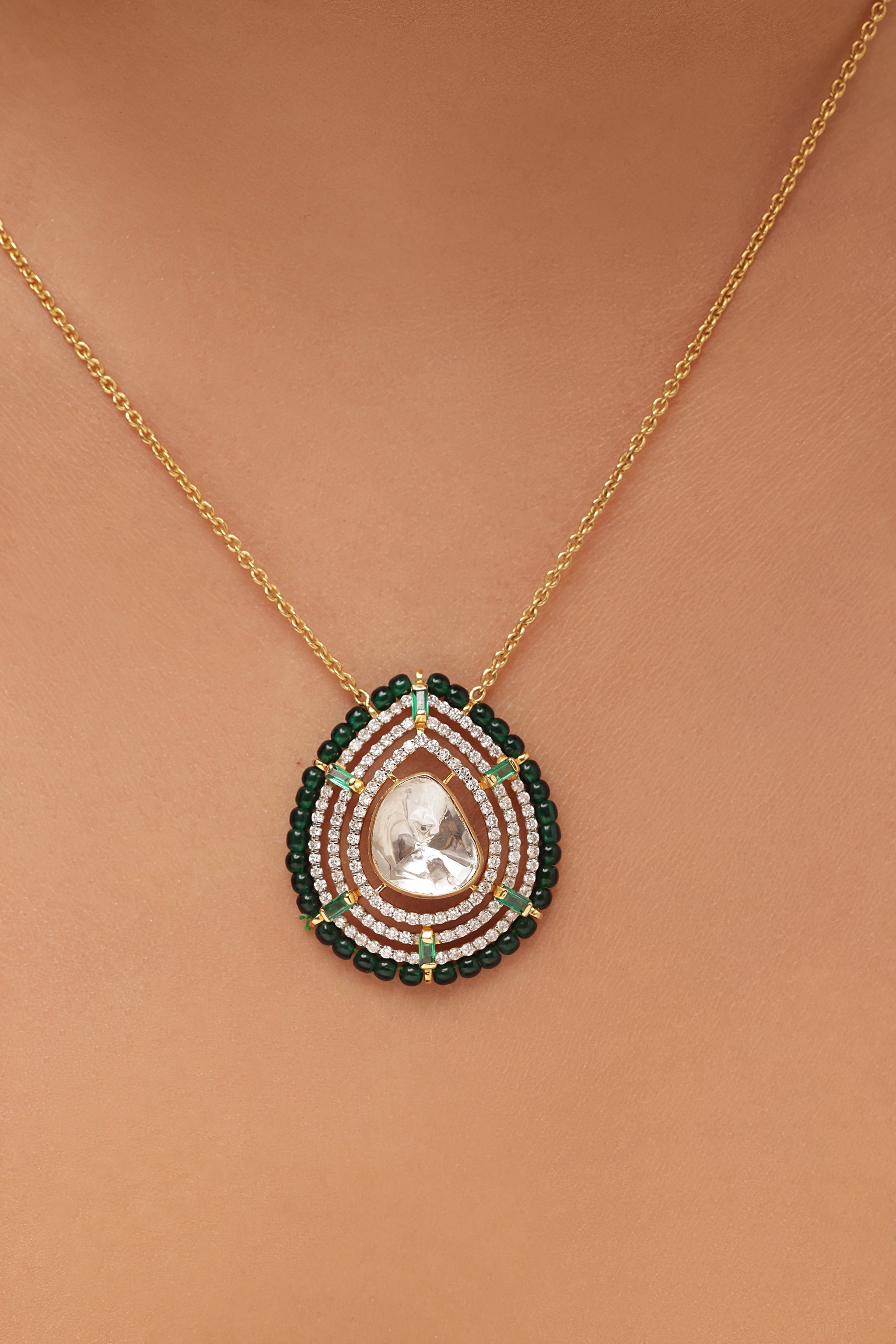 Polki and Emerald Teardrop Pendant