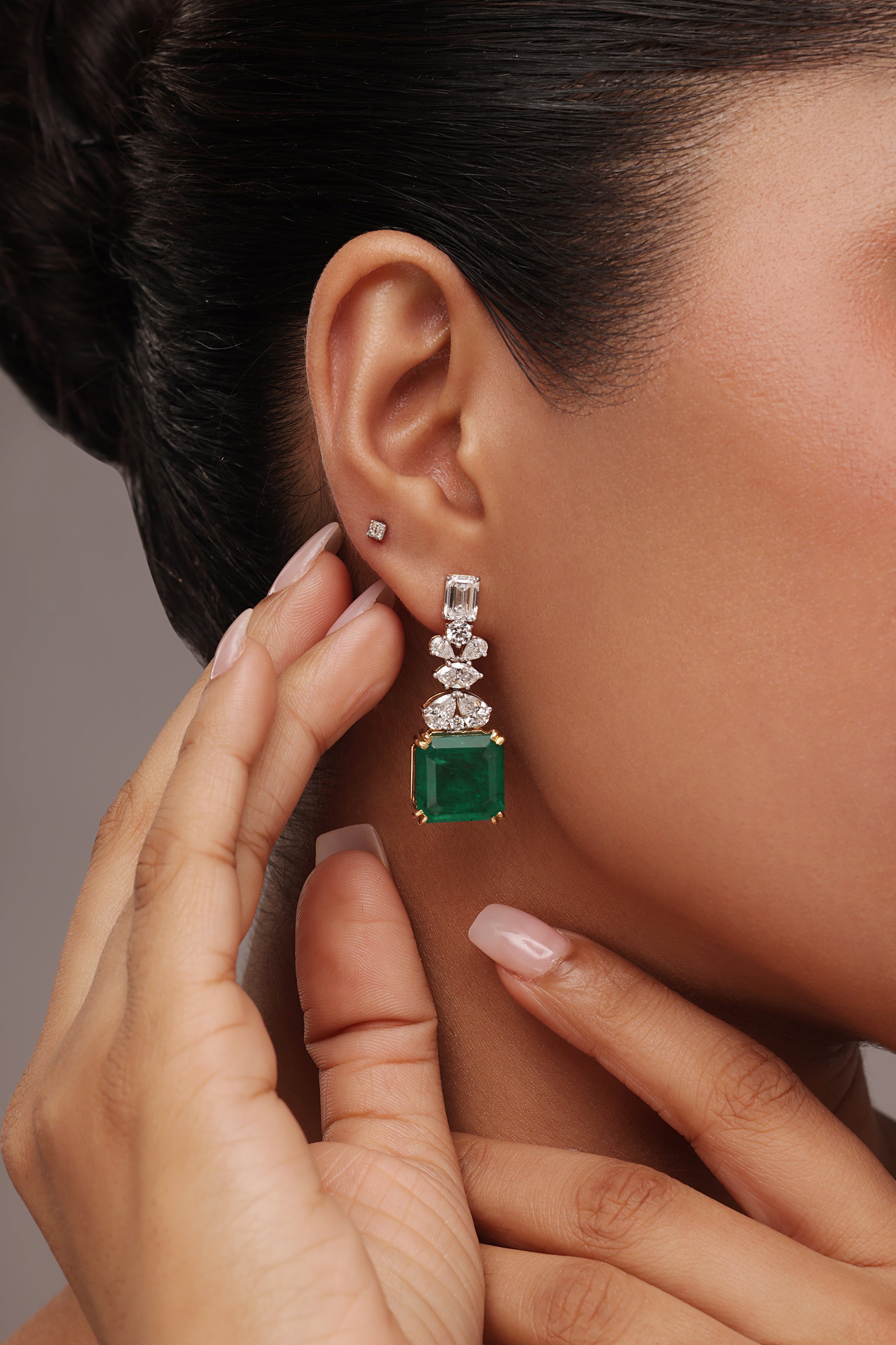 EMERALD, PEAR AND STONE DROP EARRINGS