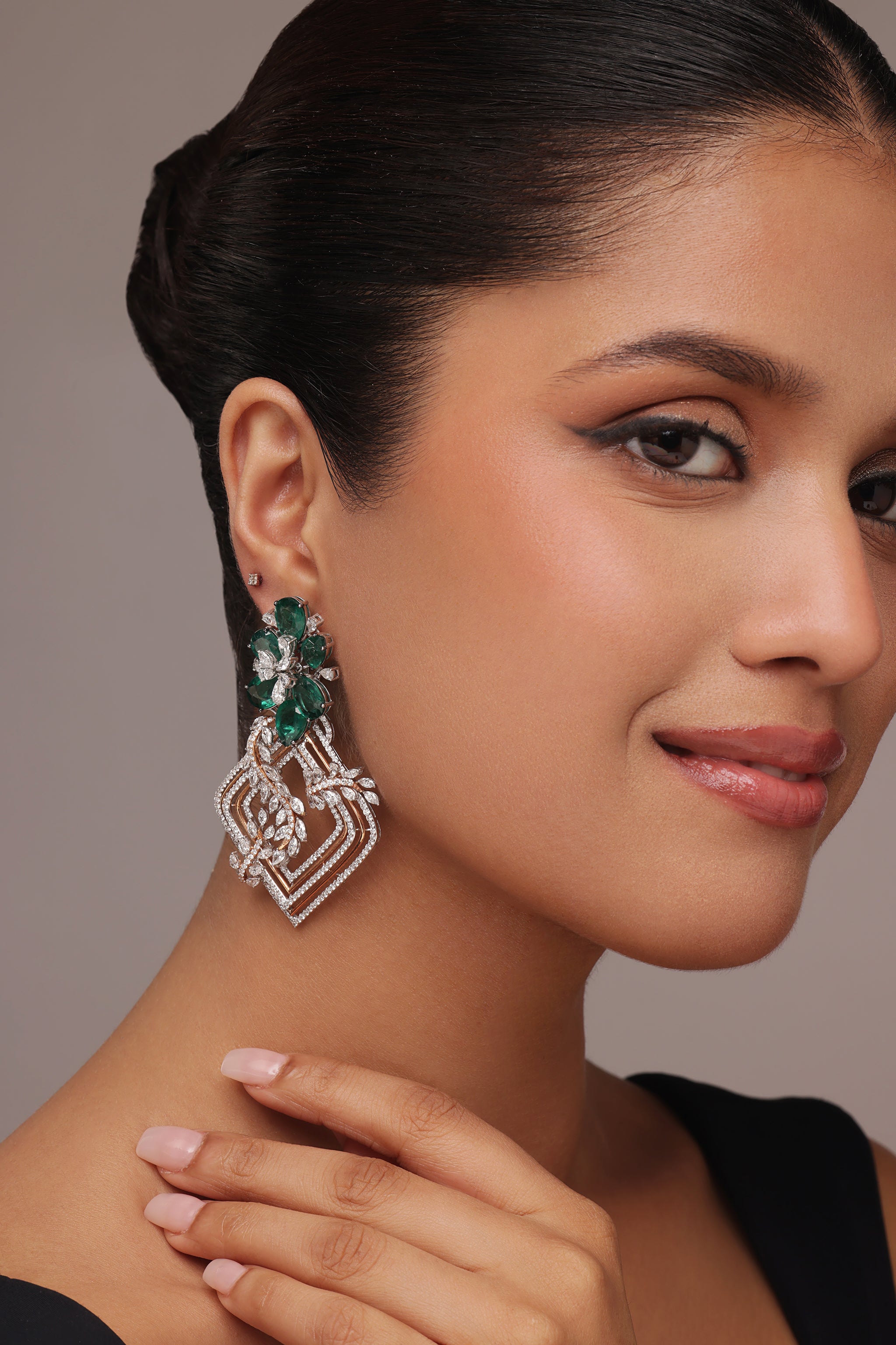 Green Pear stone and marquise diamond earrings