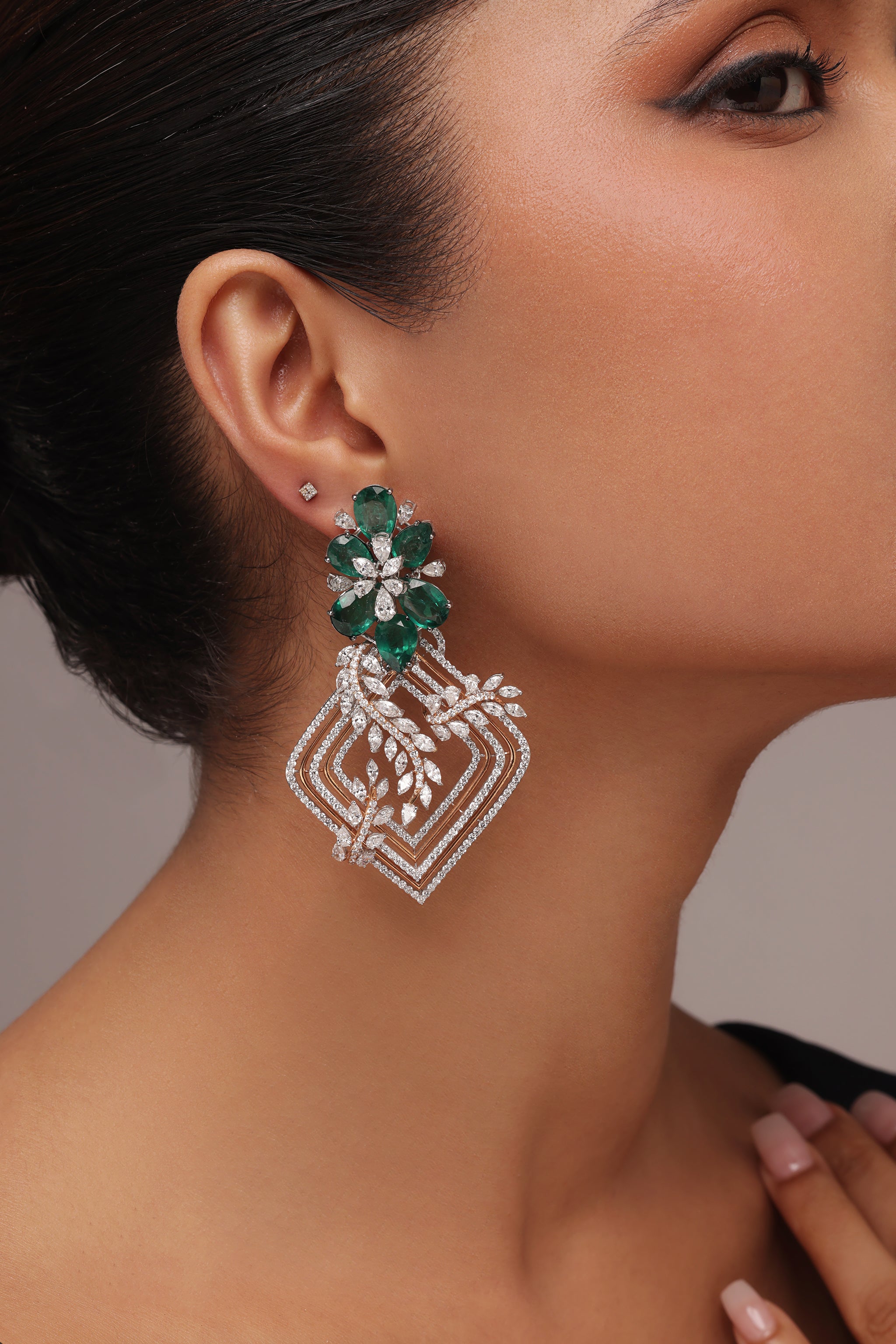 Green Pear stone and marquise diamond earrings