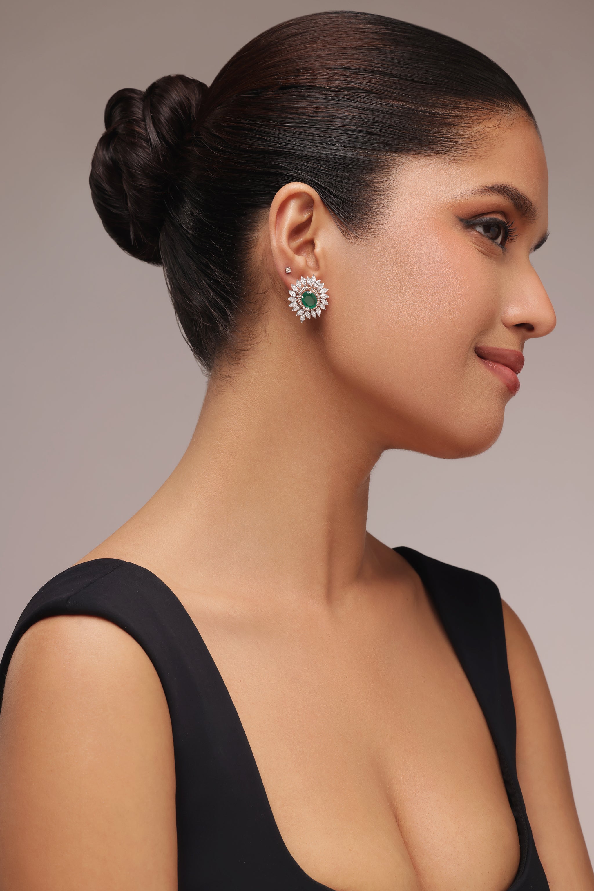 GREEN OVAL STONE AND MARQUISE DIAMOND EARRINGS