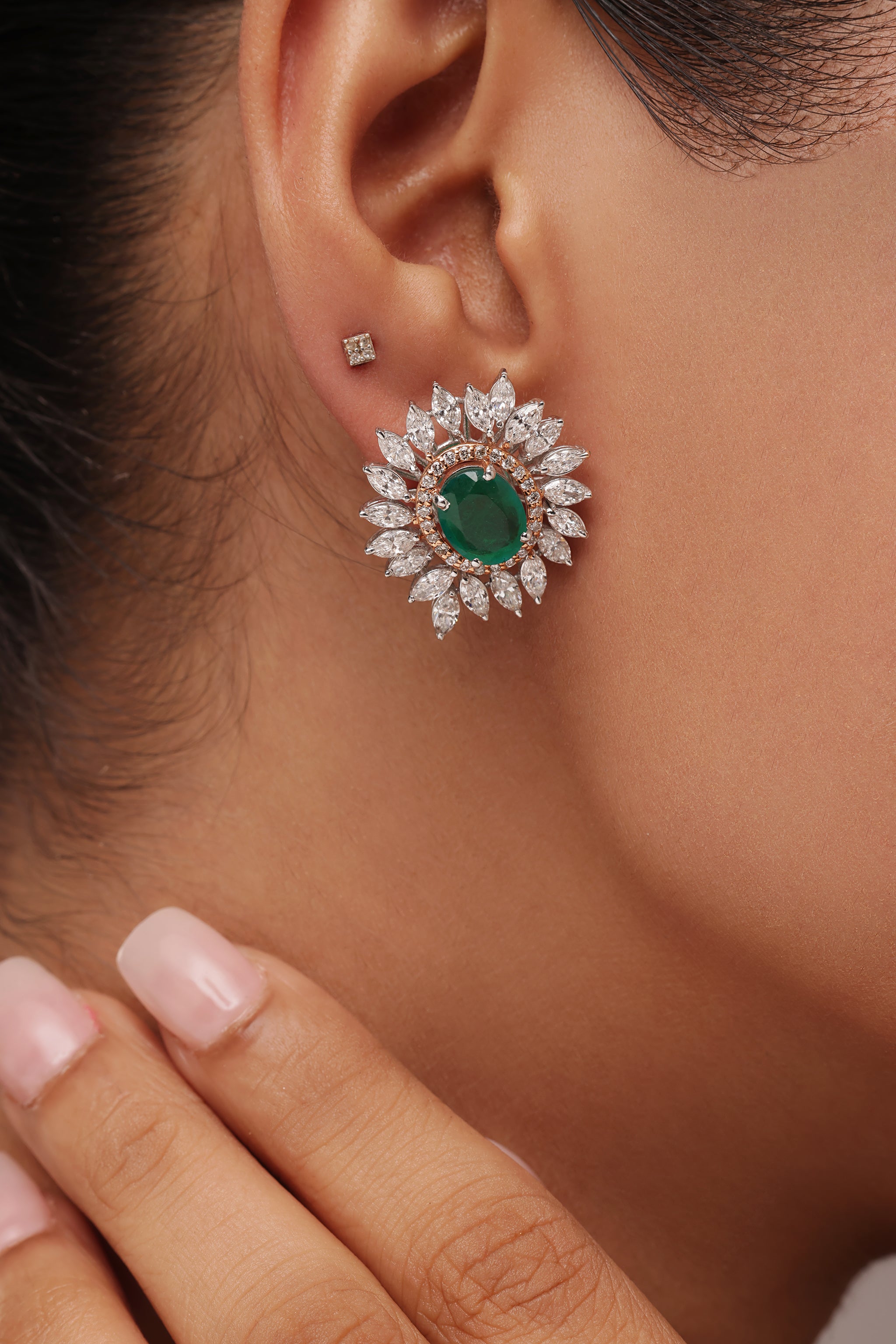 GREEN OVAL STONE AND MARQUISE DIAMOND EARRINGS