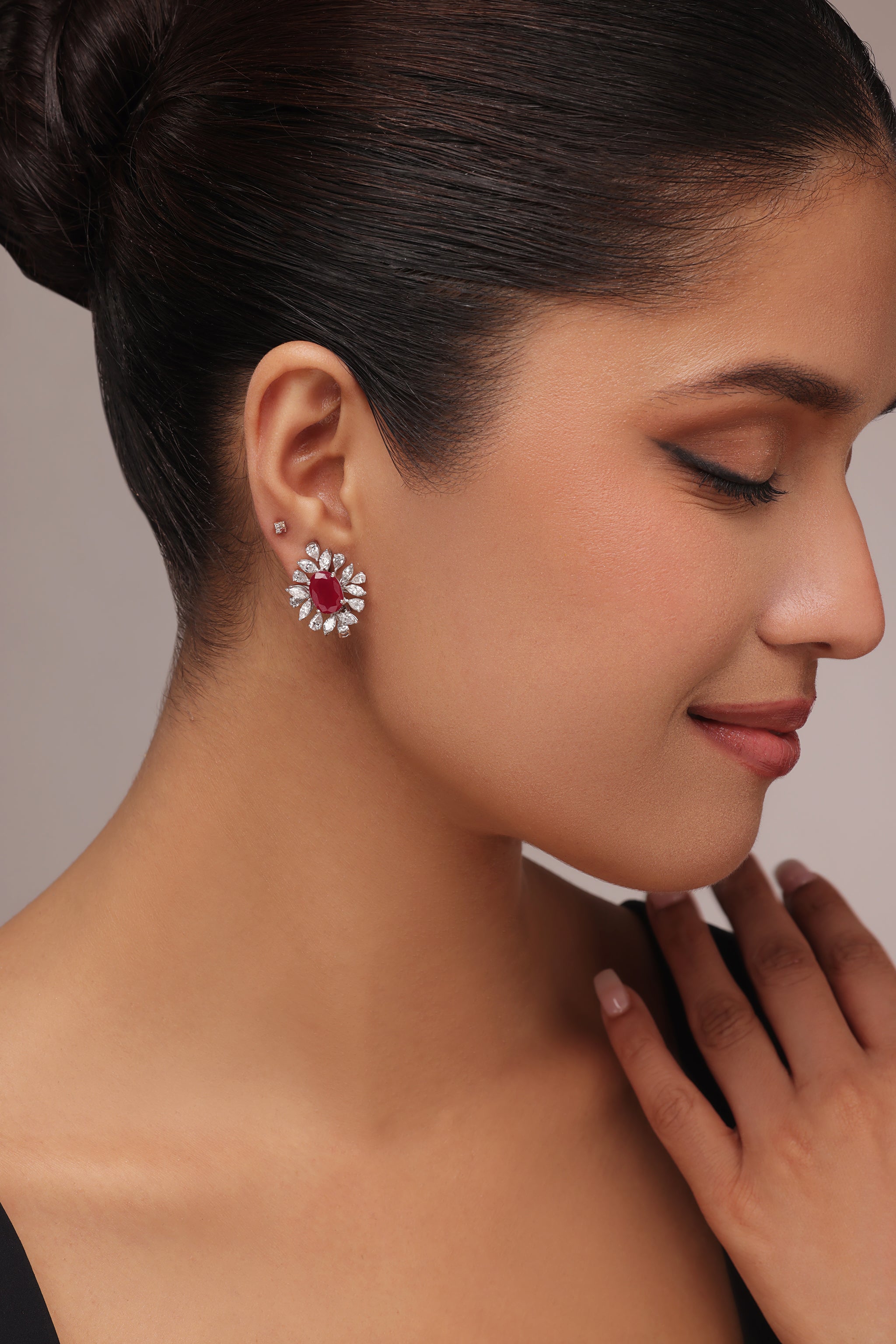 RED STONE AND MARQUISE DIAMOND EARRINGS