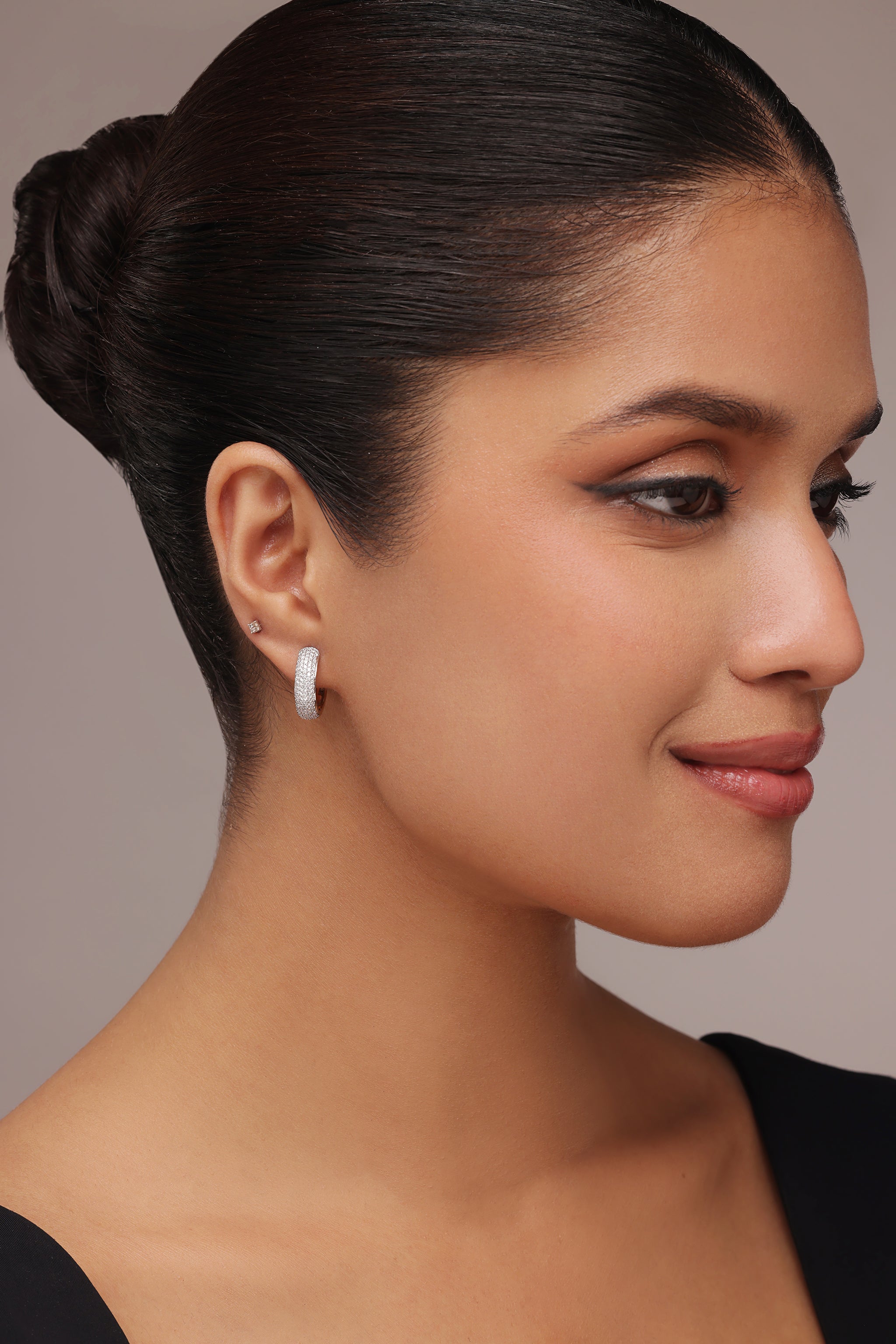 Round Diamond Pave Front Gold Bali Earrings