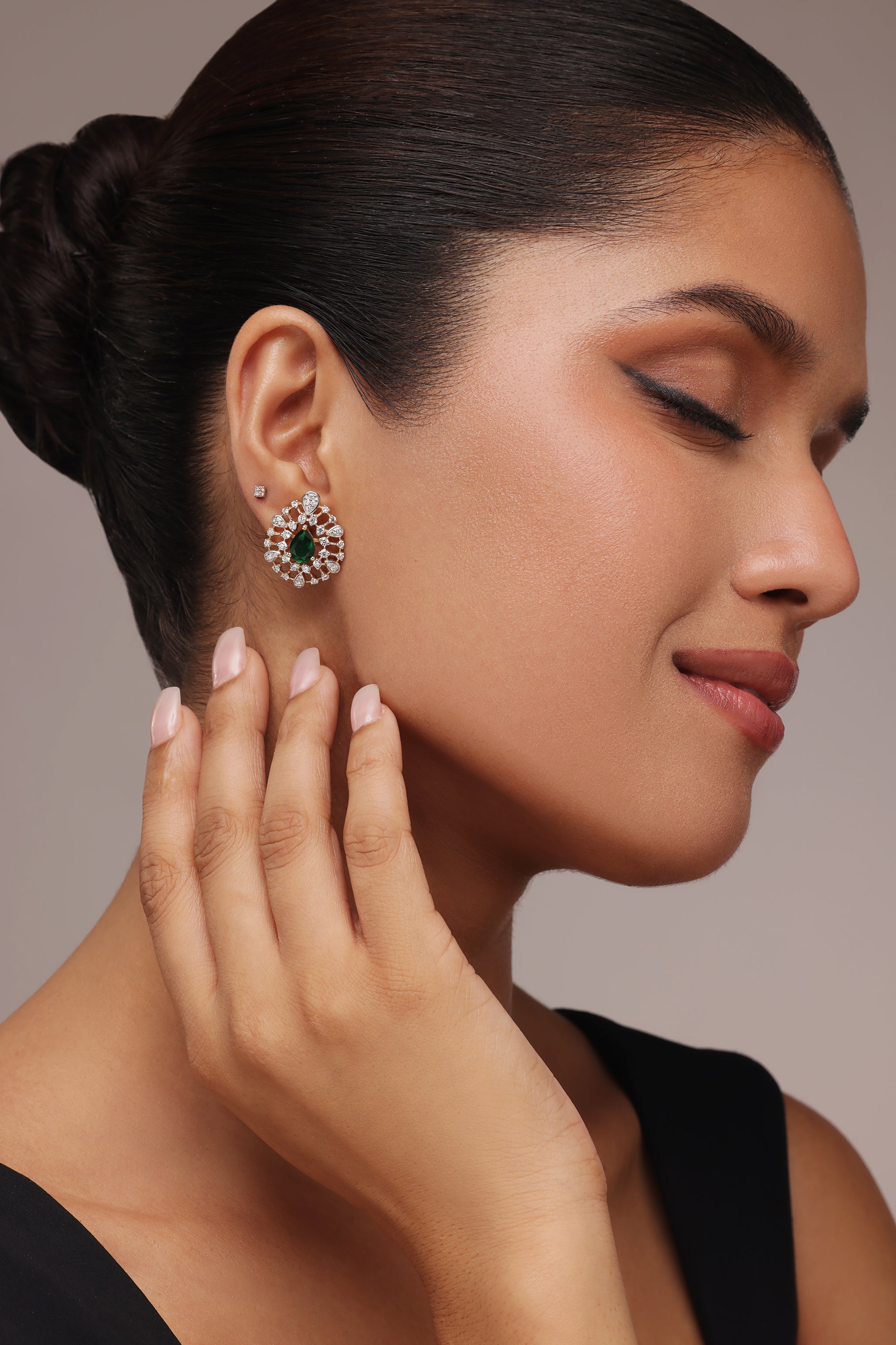 Two-in-One Emerald Stone and Round Diamond Earrings