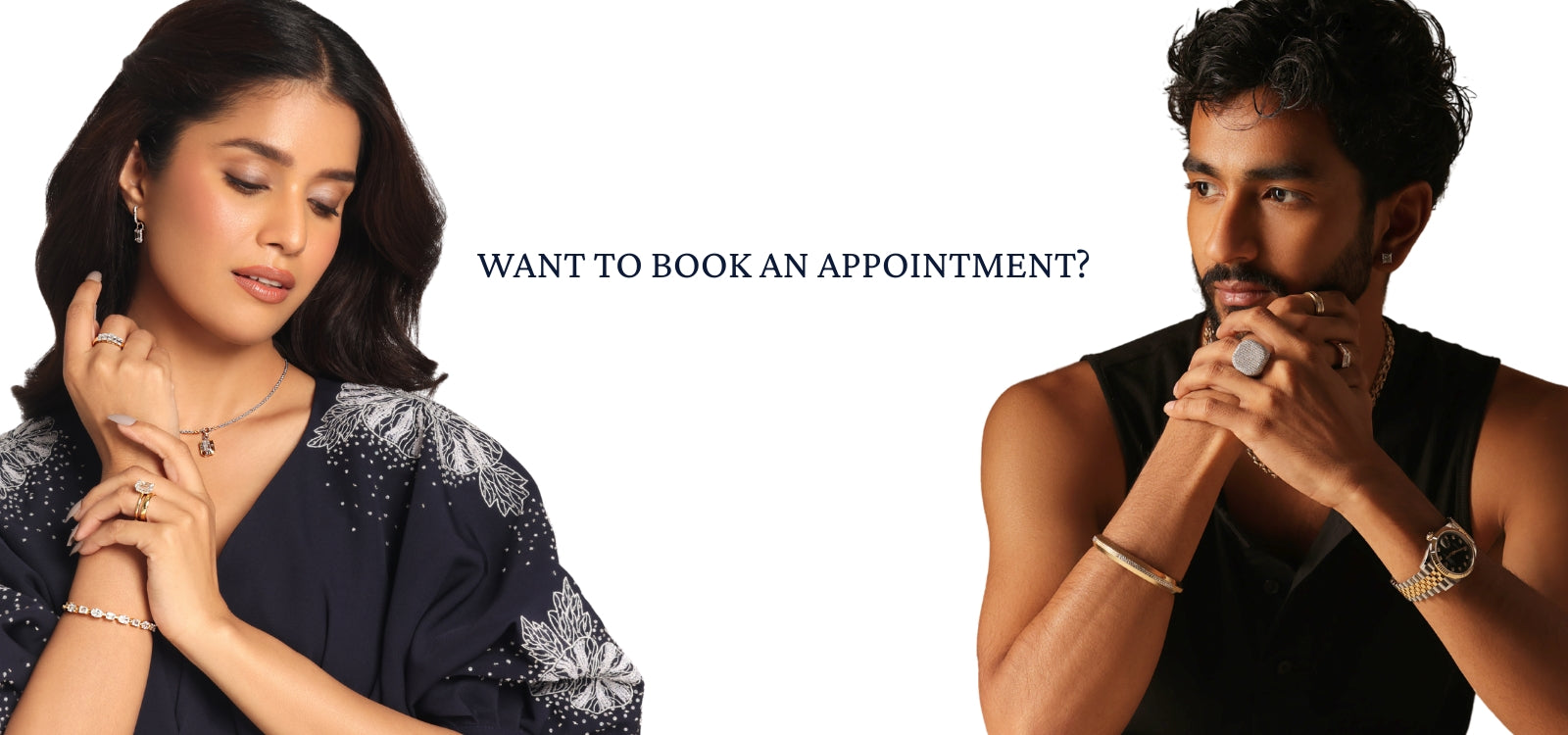 A promotional image showing a man and a woman modeling fine jewellery. The woman wears a lab diamond necklace, earrings, and bracelet, while the man wears multiple rings, a watch, and diamond bracelets. Text overlay reads 'WANT TO BOOK AN APPOINTMENT?'. Ideal for advertising his and hers, gender-neutral, or sustainable lab-grown diamond jewellery.