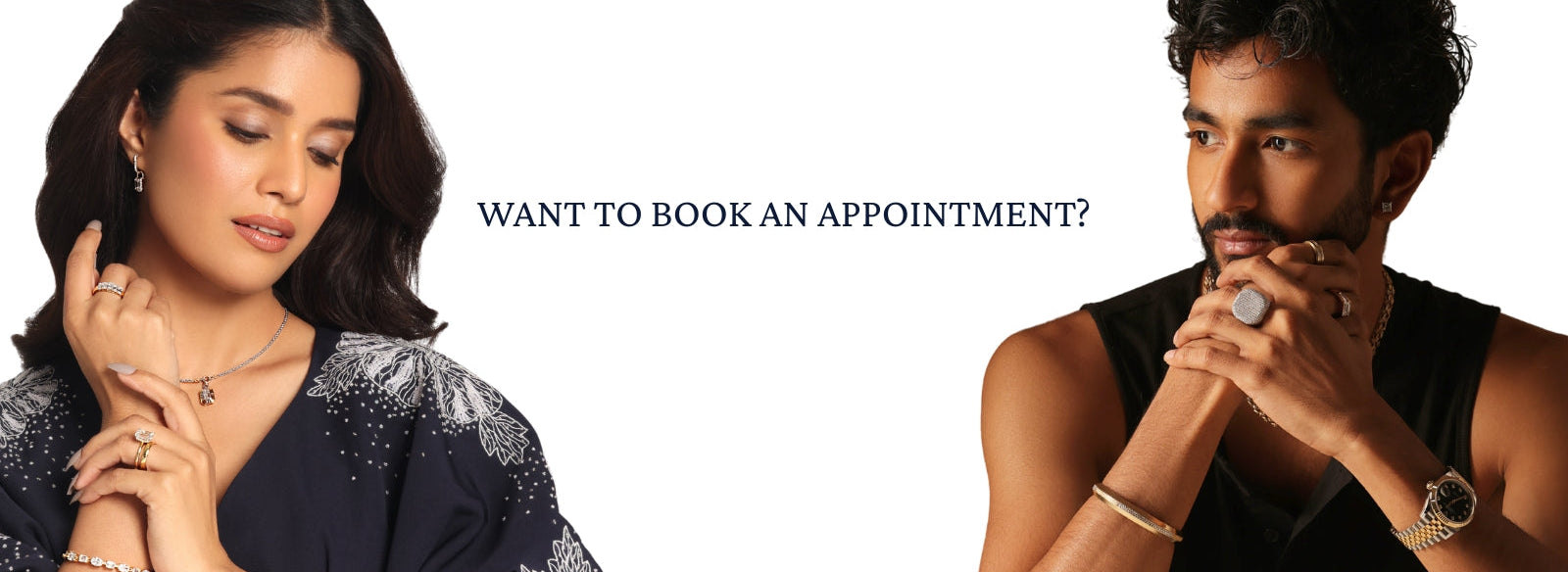 A promotional image showing a man and a woman modeling fine jewellery. The woman wears a lab diamond necklace, earrings, and bracelet, while the man wears multiple rings, a watch, and diamond bracelets. Text overlay reads 'WANT TO BOOK AN APPOINTMENT?'. Ideal for advertising his and hers, gender-neutral, or sustainable lab-grown diamond jewellery.