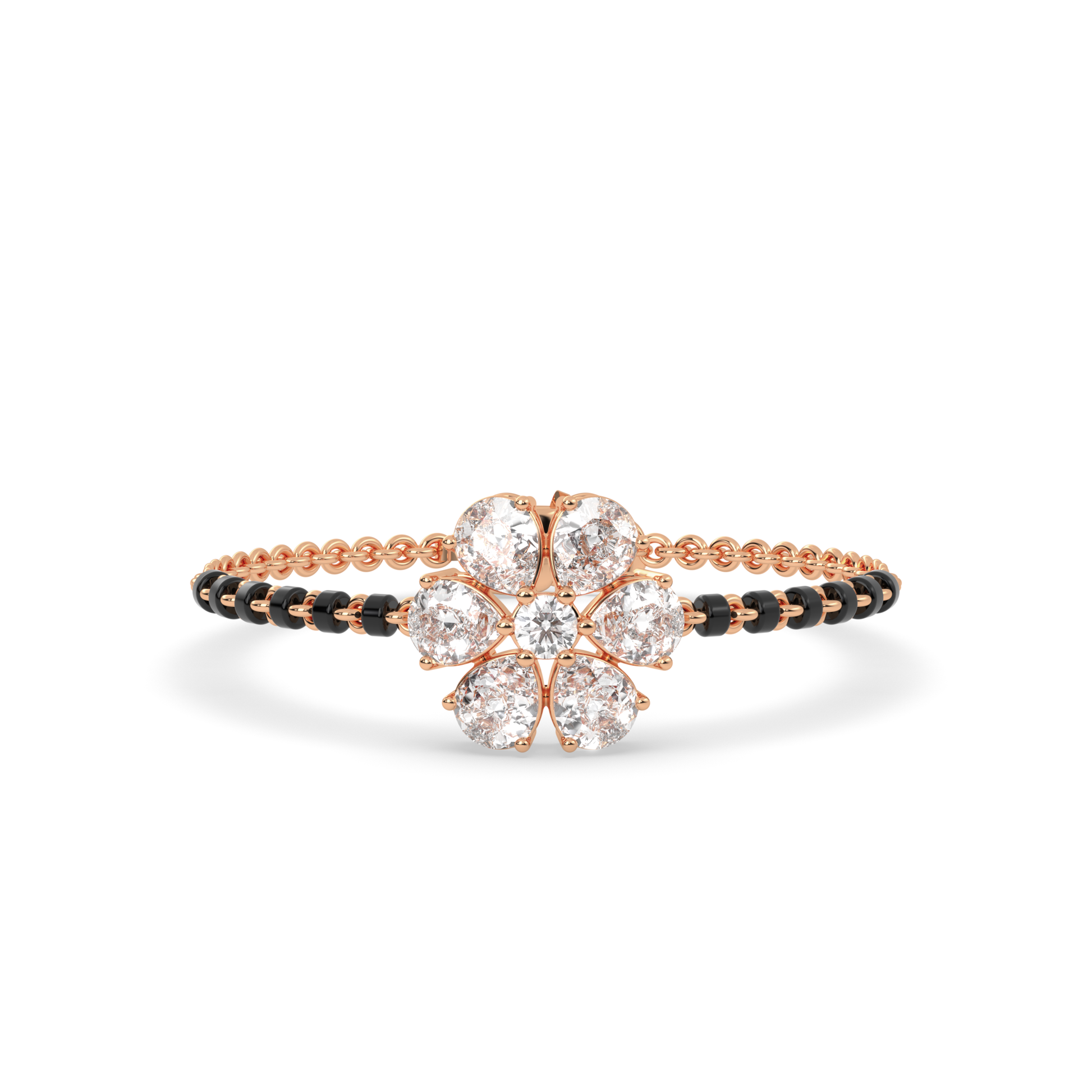 Rose gold tanmaniya bracelet featuring a floral cluster at the center composed of five pear diamond shapes and a central round stone, with the band accented by black beads and lab grown diamond in it.