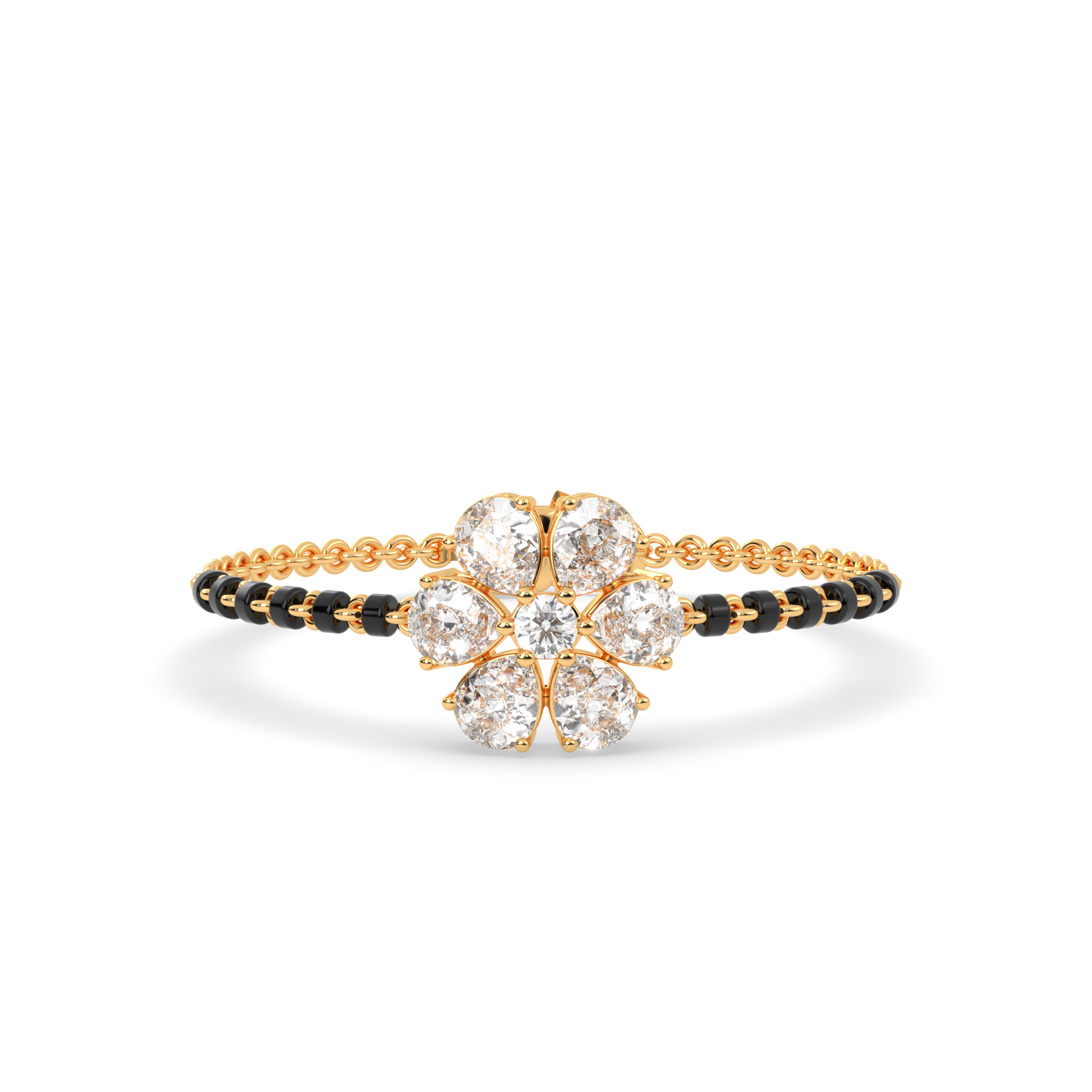 Yellow gold tanmaniya bracelet featuring a floral cluster at the center composed of five pear diamond shapes and a central round stone, with the band accented by black beads and lab grown diamond in it.