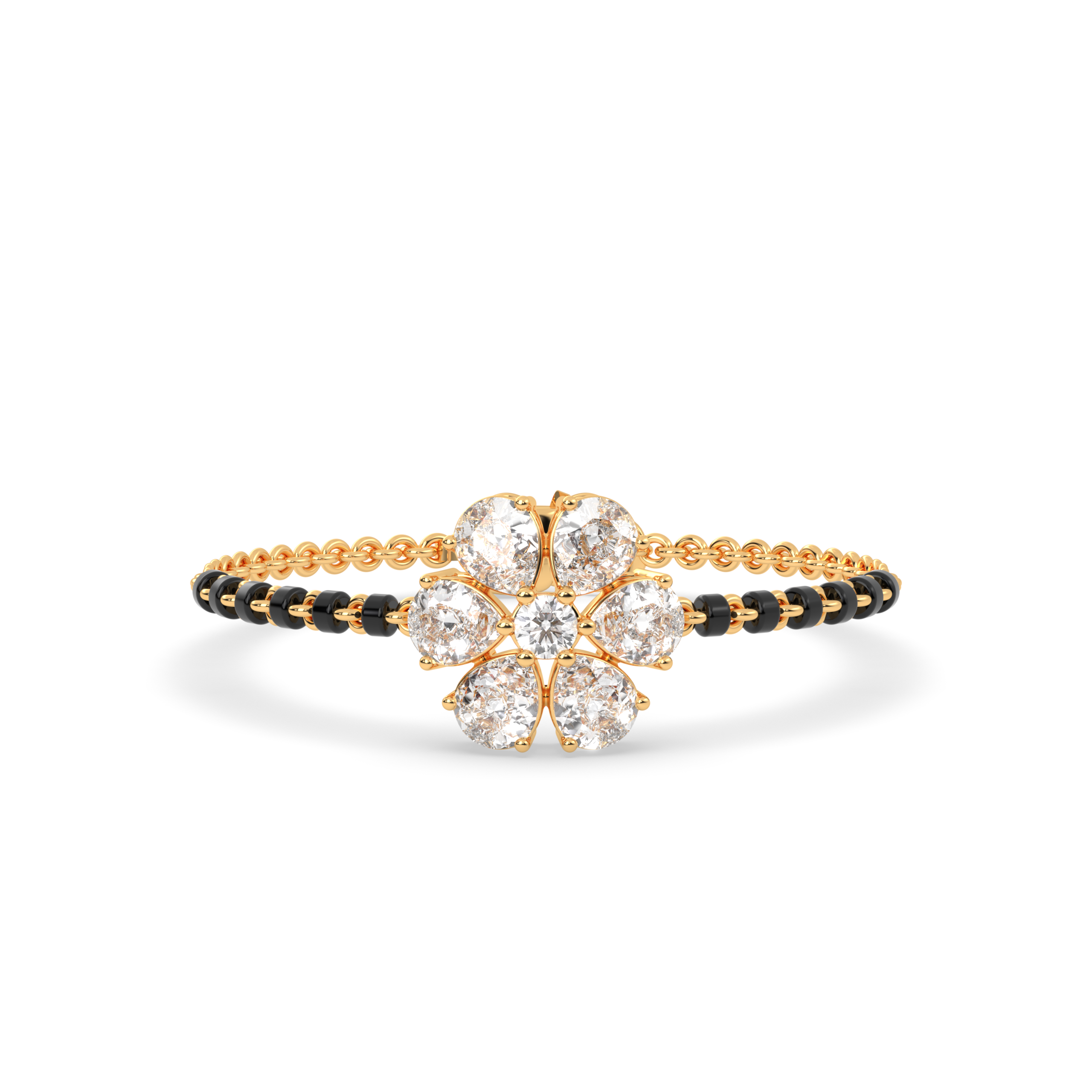 Yellow gold tanmaniya bracelet featuring a floral cluster at the center composed of five pear diamond shapes and a central round stone, with the band accented by black beads and lab grown diamond in it.