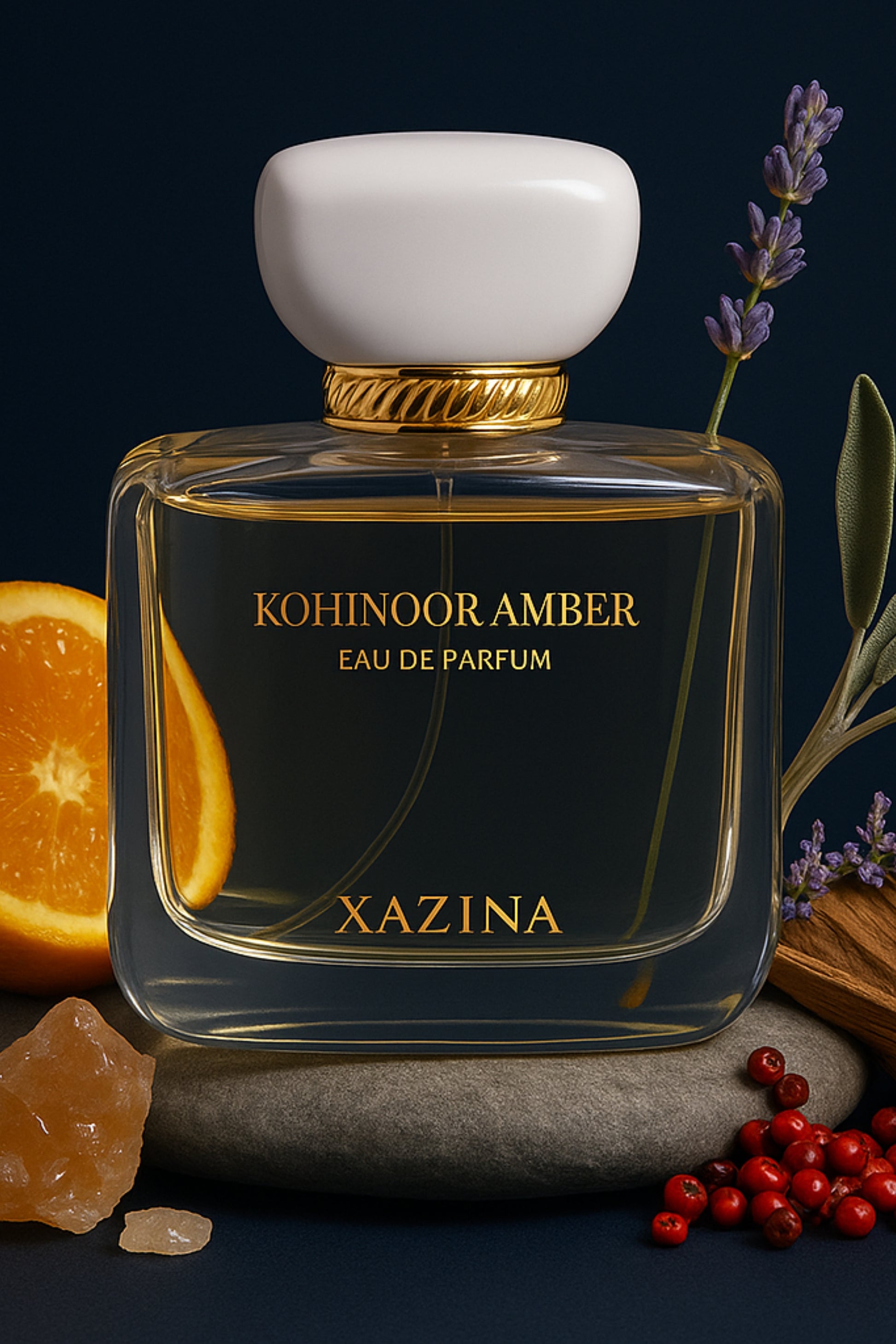 Studio still life of a square luxury perfume bottle labeled XAZINA 'Kohinoor Amber' Eau de Parfum, featuring a white cap and gold neck detail. The bottle rests on grey stones, surrounded by fragrance notes like orange slices, lavender, pink peppercorns, and amber crystals. Product photography for luxury, ethical fragrance.