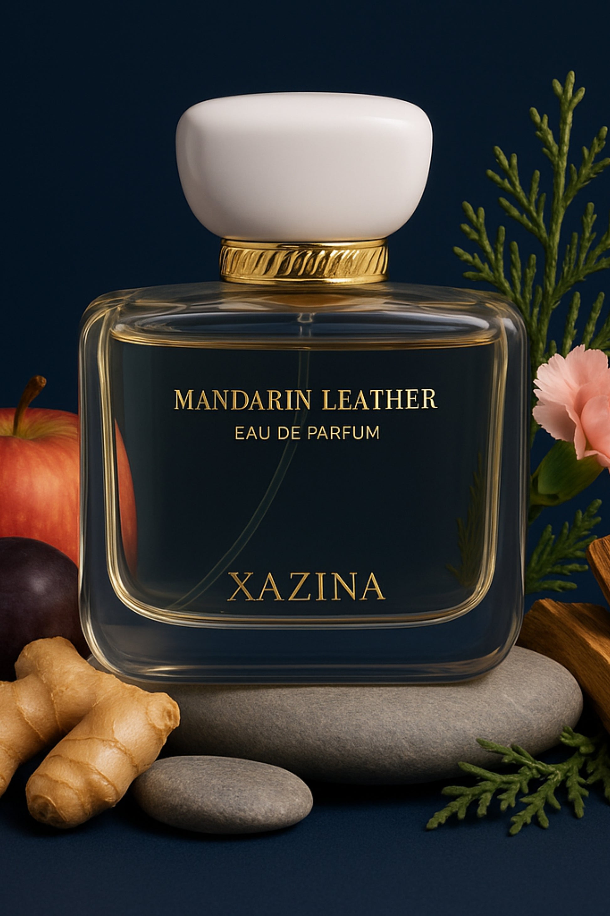 Studio still life of a square perfume bottle labeled XAZINA 'Mandarin Leather' Eau de Parfum, featuring a white cap and gold neck detail. The bottle is resting on grey stones, surrounded by fragrance notes like ginger, apples, plums, carnation, and cedar. Product photography for luxury, ethical fragrance.
