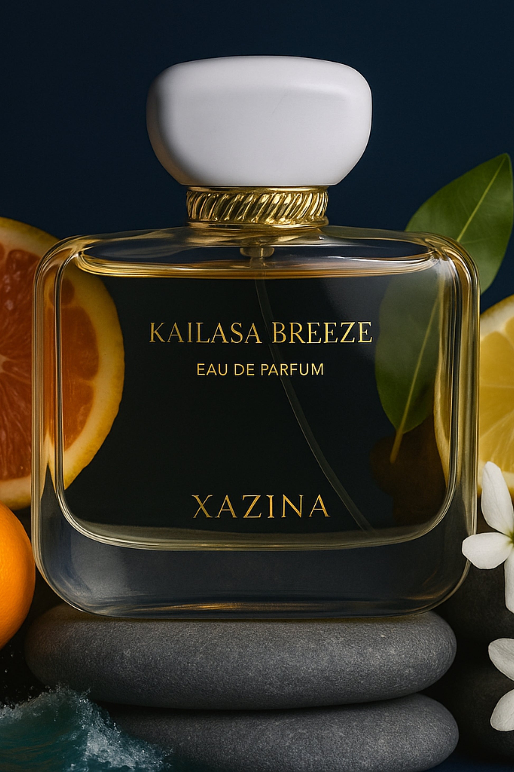 Close-up product shot of a luxury perfume bottle, "Kailasa Breeze Eau de Parfum" by XAZINA, sitting on stacked gray stones. The composition is accented with fresh citrus slices (orange and lemon) and white flowers, suggesting a refreshing scent.