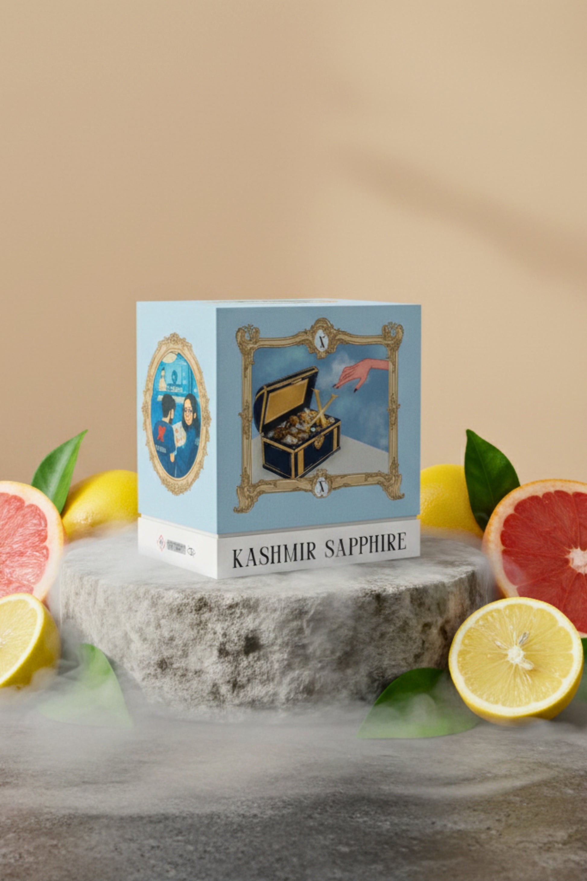 Studio product shot of the XAZINA 'Kashmir Sapphire' perfume box, featuring a blue and gold illustration of a hand reaching into a treasure chest filled with gold and jewels. The box is set on a stone surrounded by fragrance notes like grapefruit, lemon, and white mist. Represents the XAZINA brand story of luxury fragrance and discovery.