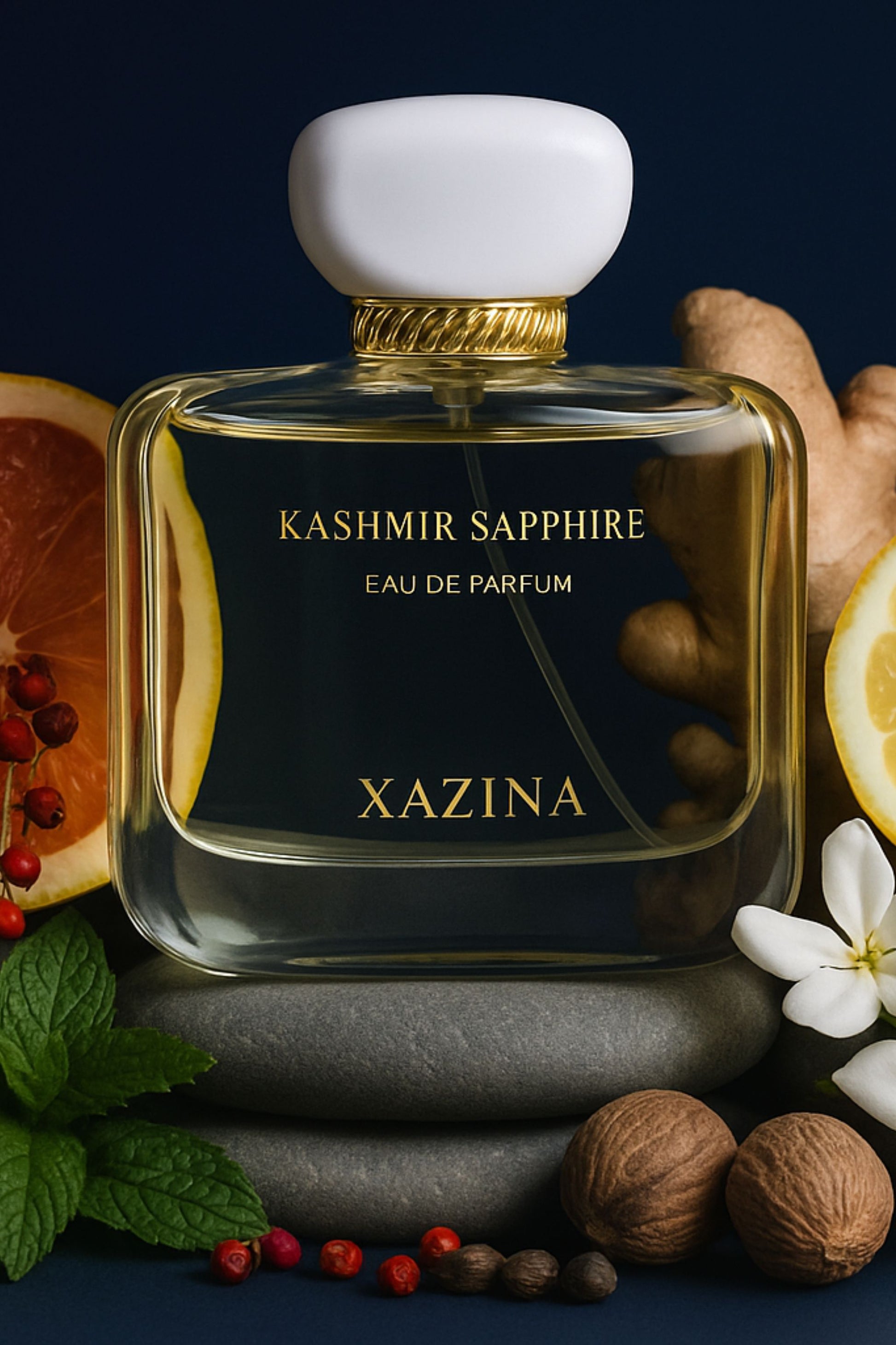 Studio still life of a square luxury perfume bottle labeled 'Kashmir Sapphire' by Xazina Eau de Parfum, featuring a white cap and gold braid. The bottle is resting on grey stones, surrounded by fragrance notes like ginger, grapefruit, lemon, nutmeg, mint, and white flowers.