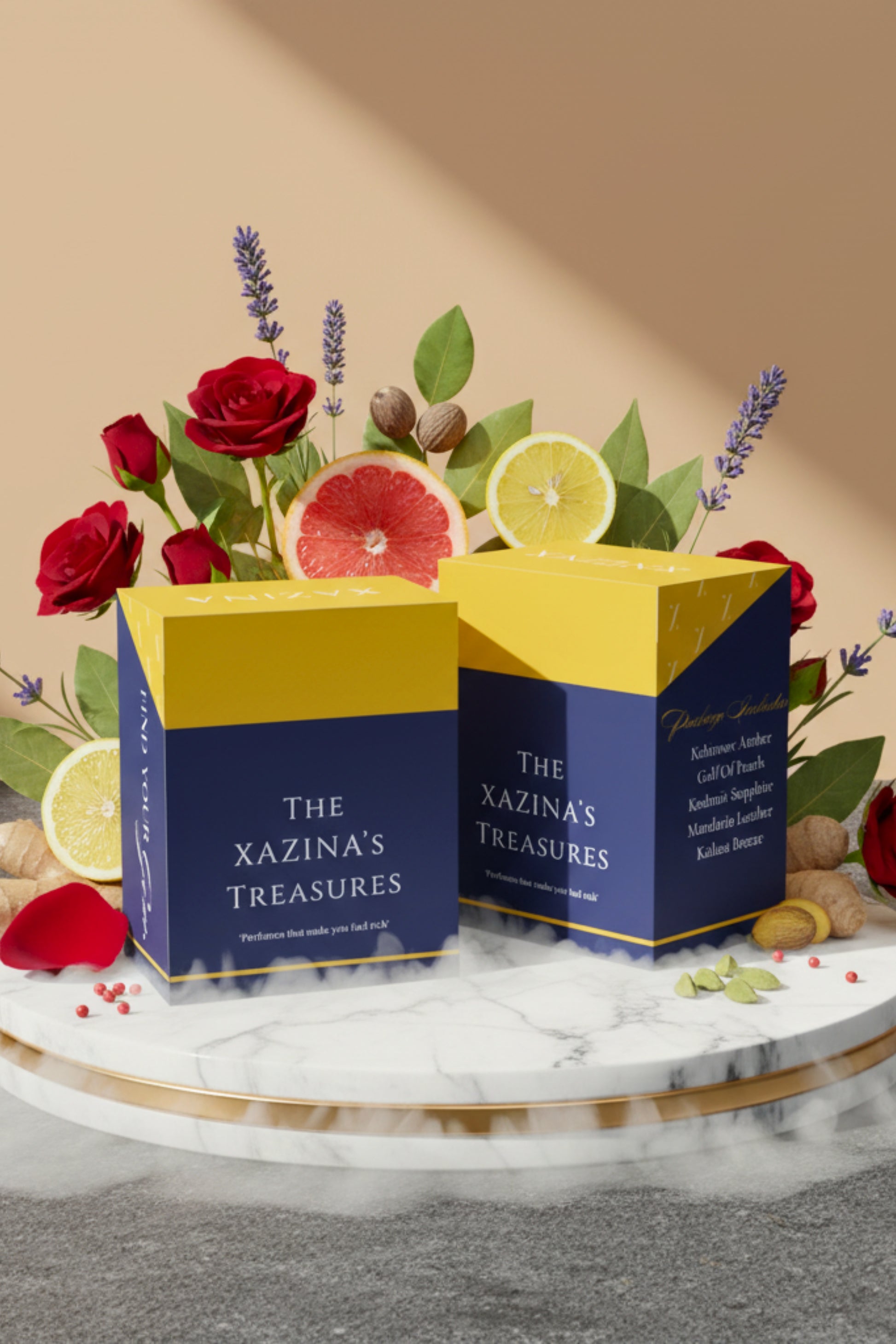 Two 'The Xazina's Treasures' boxes with flowers and fruits on a decorative platform.
