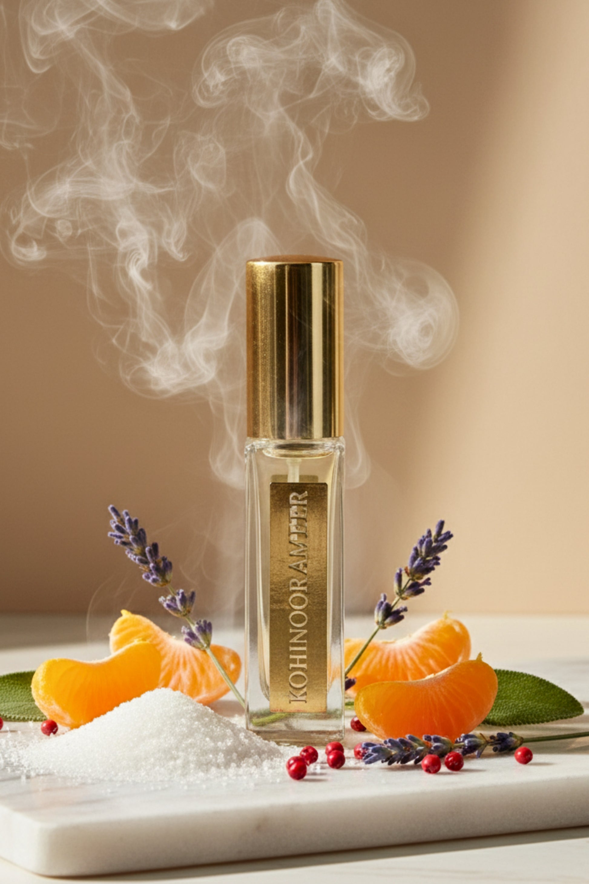 Studio still life of a 'Kohinoor Ambar' spray perfume with a gold cap, set on a marble surface. The perfume is surrounded by fragrance notes including mandarin orange slices, lavender sprigs, red peppercorns, and a mound of white sugar, with smoke rising in the background. Product photography for luxury concentrated fragrance.