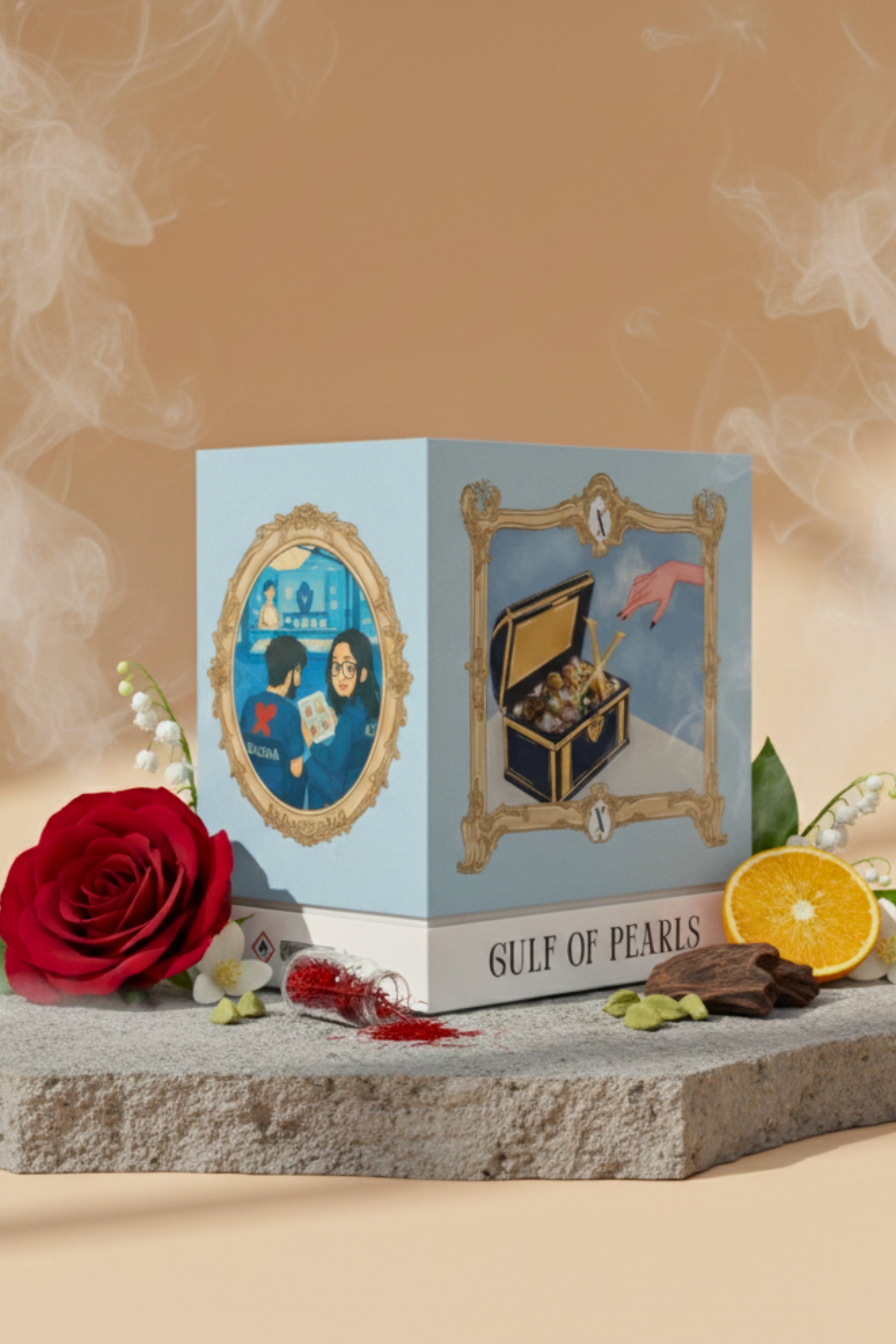 Studio product shot of the XAZINA 'Gulf of Pearls' perfume box, featuring a blue and gold illustration of a hand reaching into a treasure chest filled with gold and jewels. The box is set on stone and surrounded by fragrance notes like a red rose, lily of the valley, orange slices, and dark chocolate. Represents the XAZINA brand story of luxury and discovery.