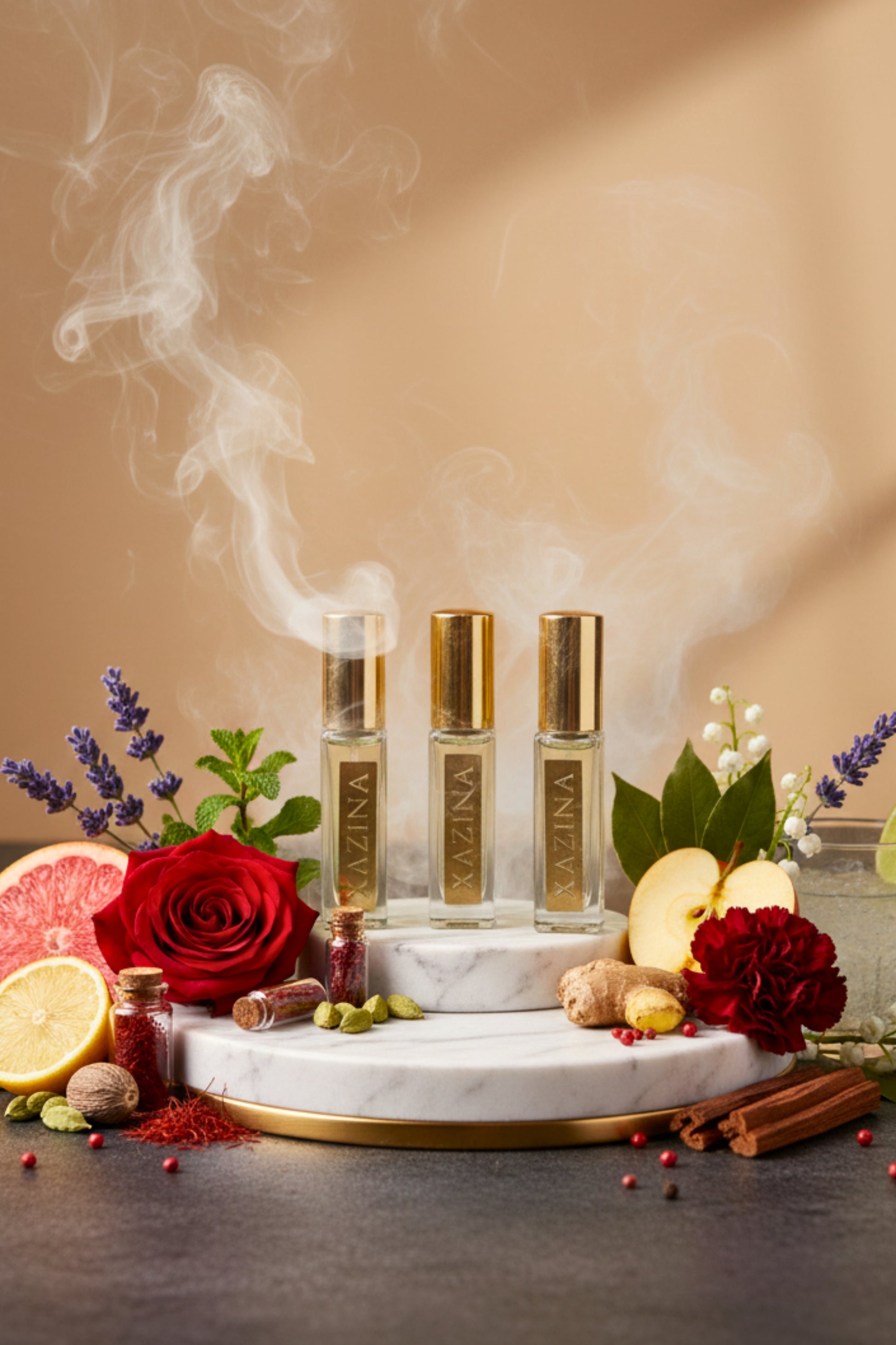 Studio still life showing three XAZINA perfume traveller bottles with gold caps, standing on a marble pedestal. They are surrounded by fragrance notes, including rose, lavender, saffron, cardamom, ginger, citrus, and cinnamon, with white smoke rising. Product photography for luxury concentrated perfume.