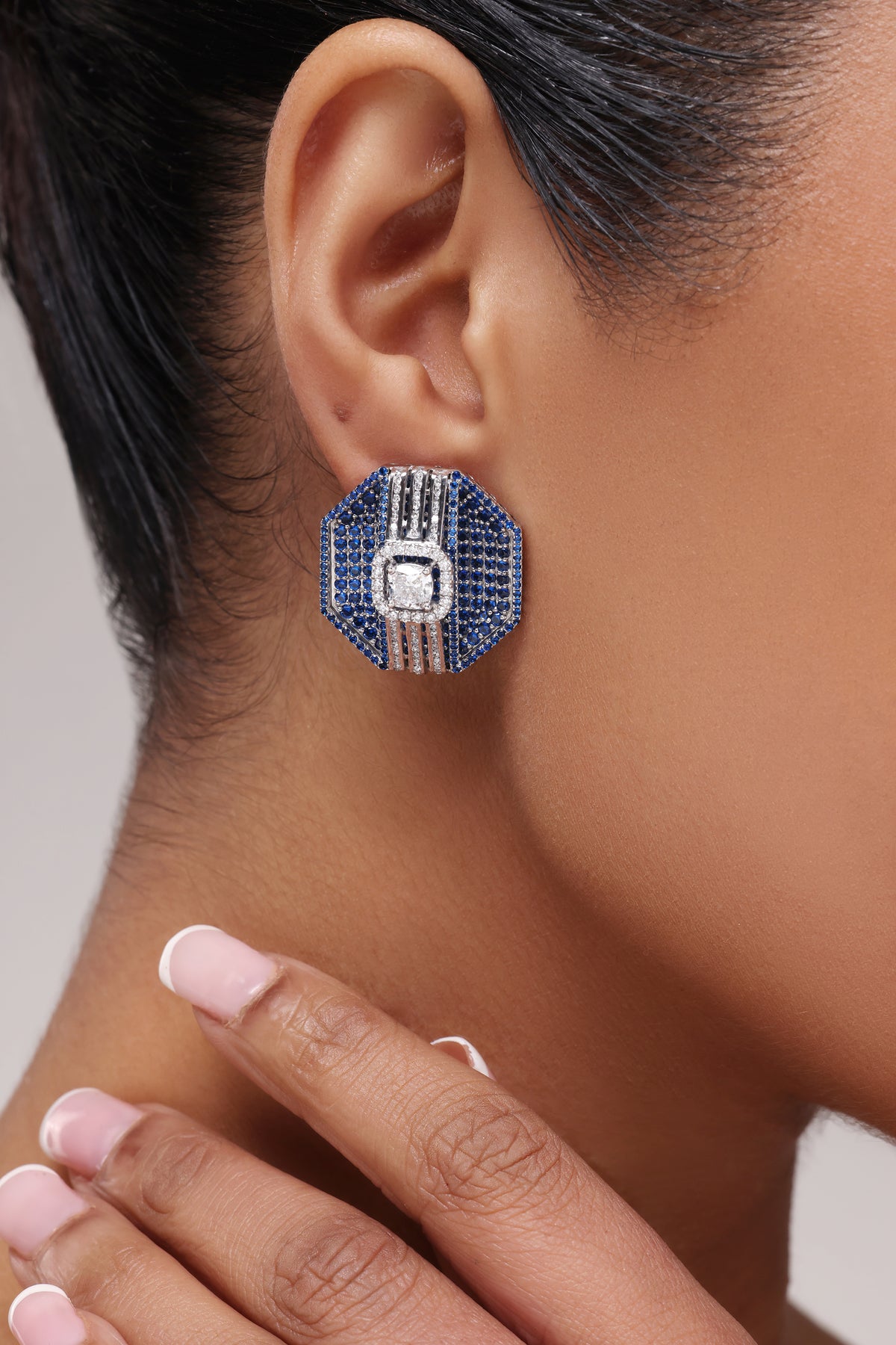 Octagon Sapphire Pave Stud Earrings