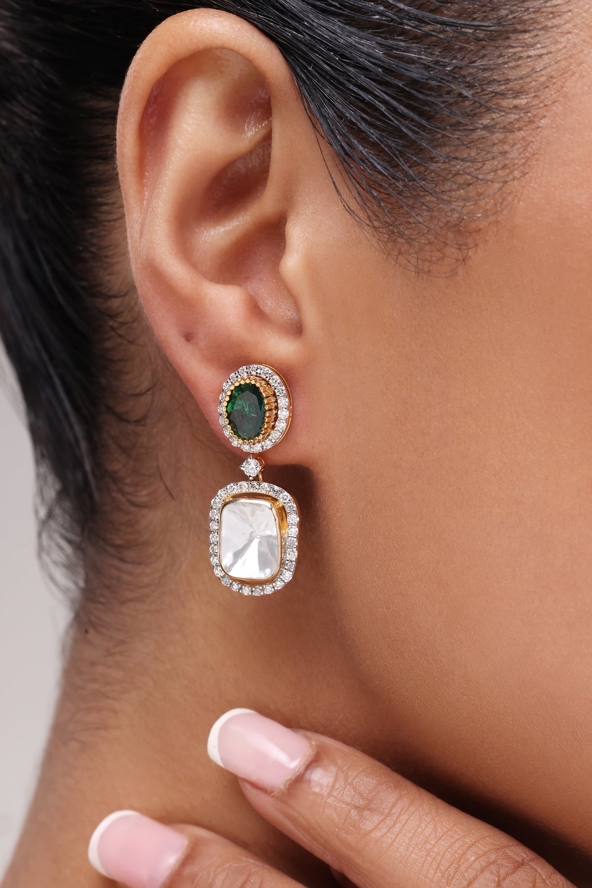 Emerald & Polki Halo Drop Earrings