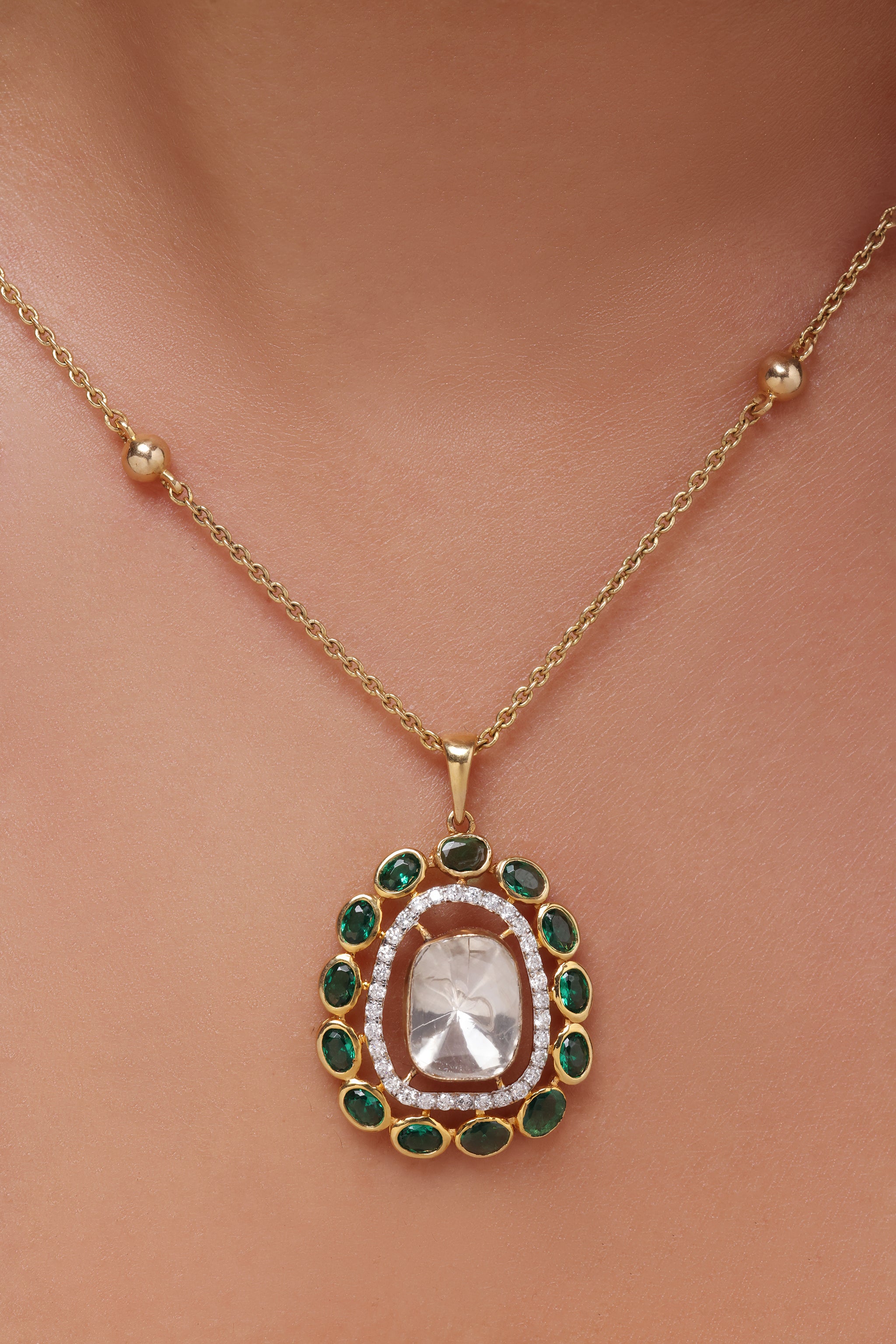 Oval Polki and Emerald Stone Pendant with Diamond Halo