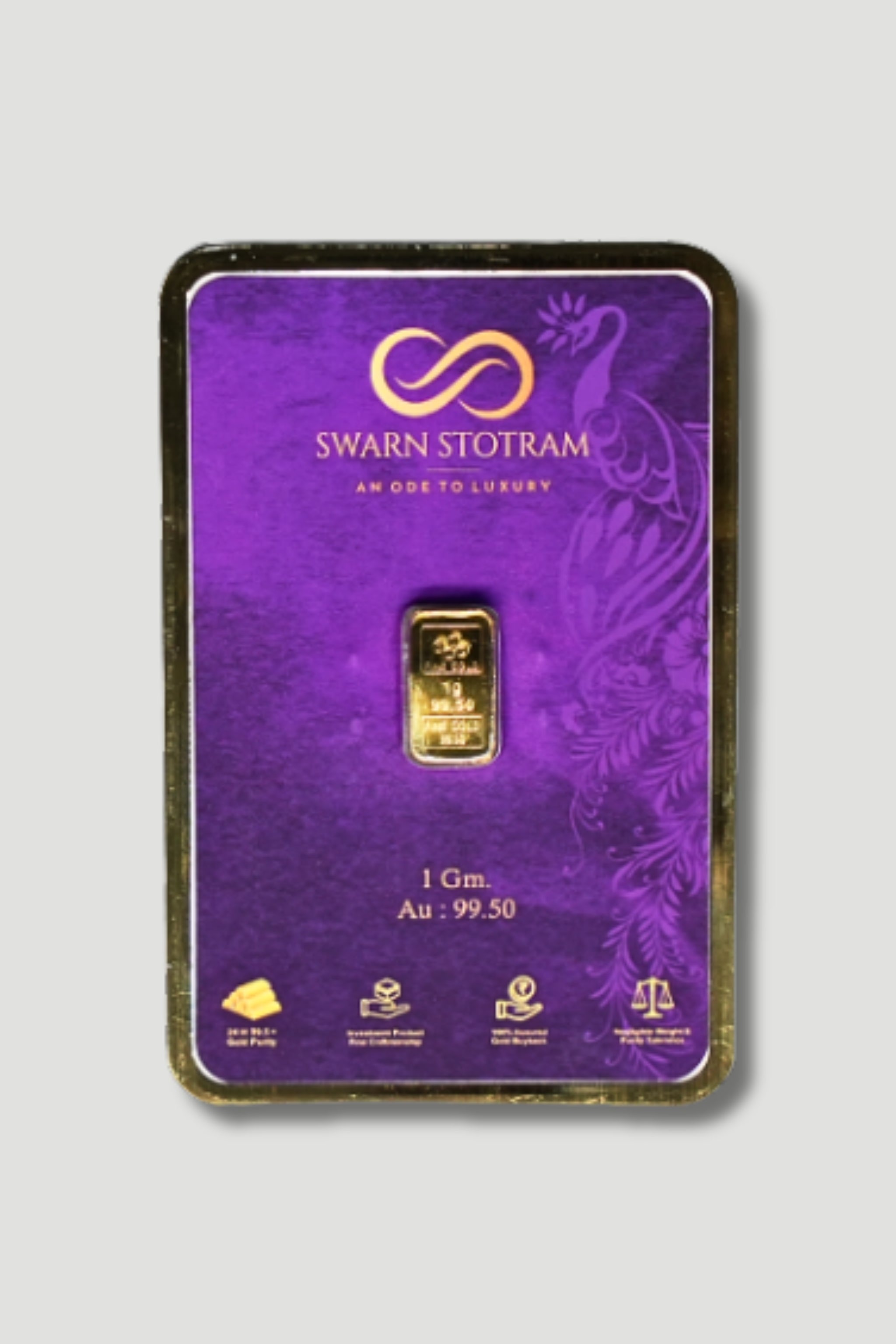 The front of the sealed packaging for a Swarn Stotram gold bar, featuring a vibrant purple background with a peacock design. The package displays the 1 gram (Gm), 99.50 (Au) purity gold bar.