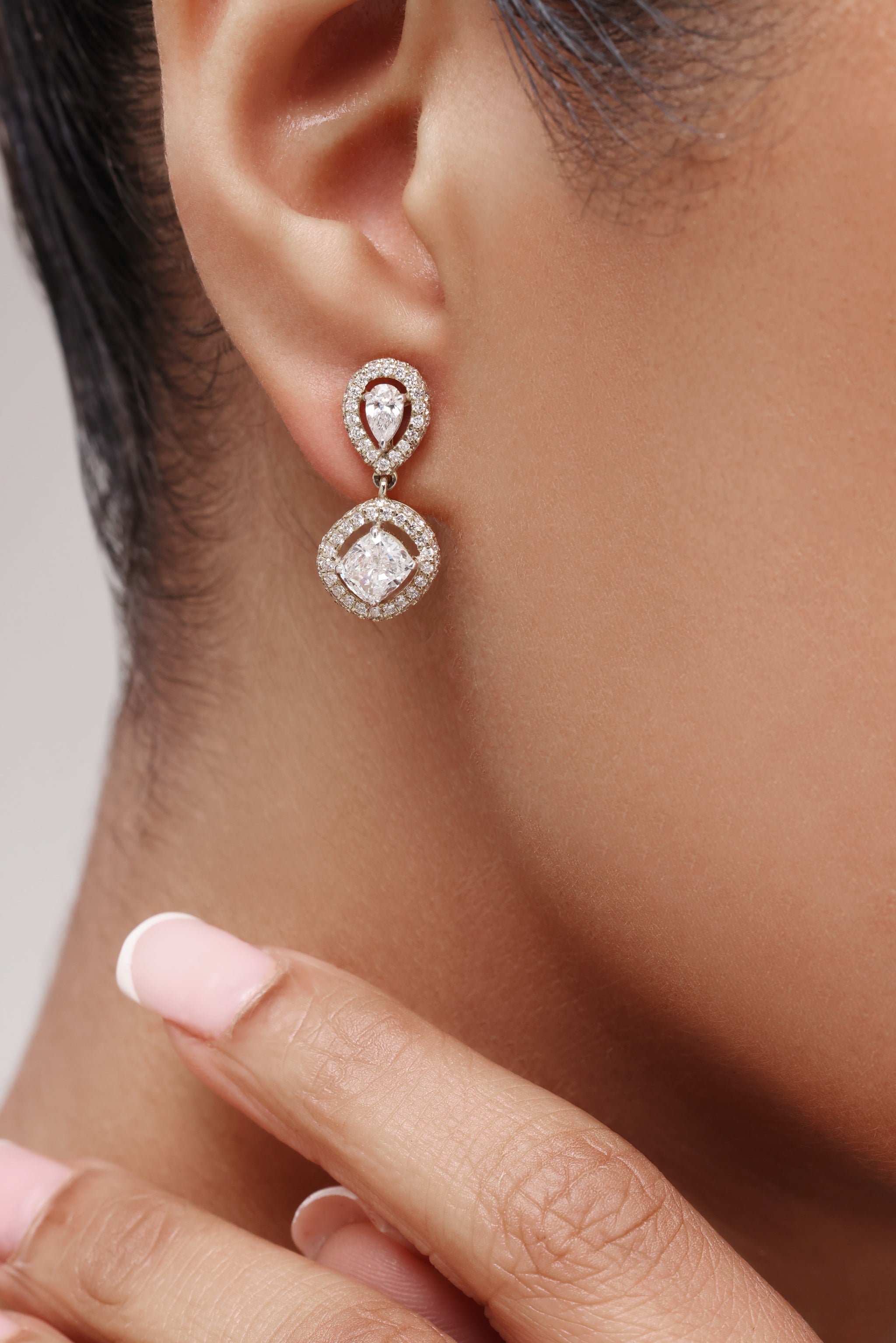 Pear and Cushion Halo Diamond Earrings