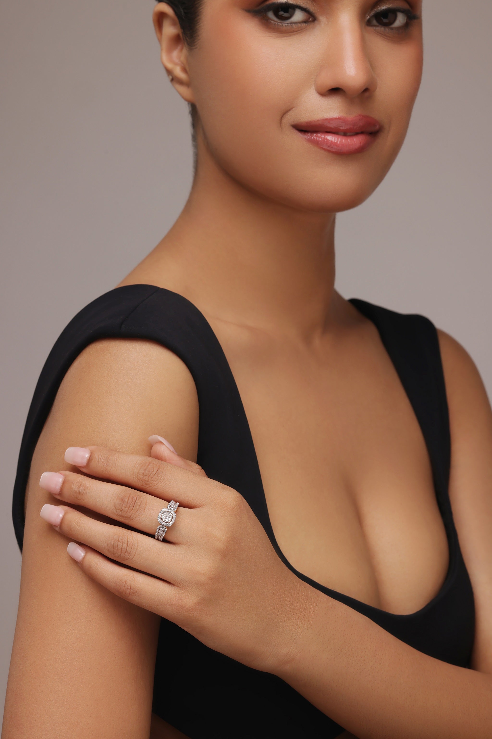 Square Halo Ring with Brilliant Round Accent Diamonds