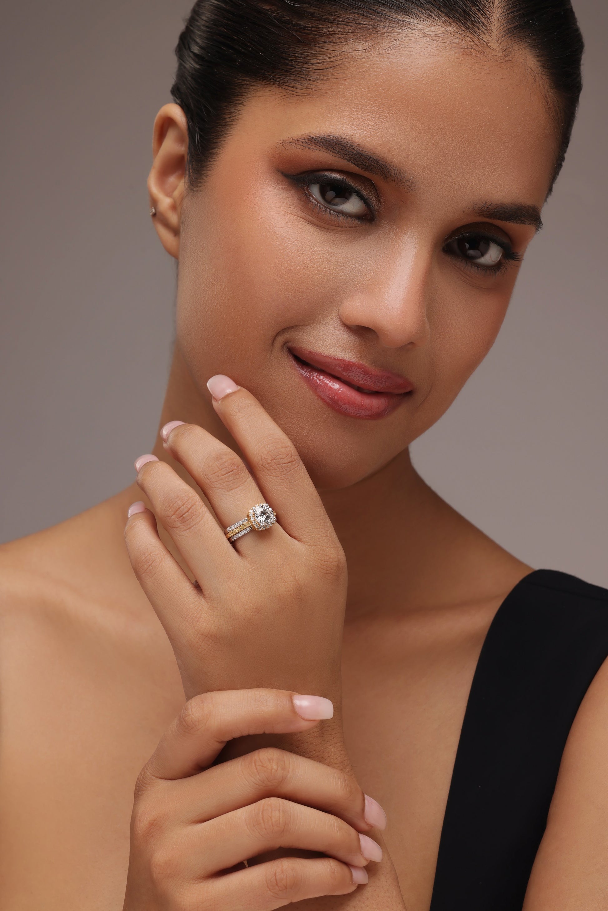 Round Brilliant Cushion Halo Ring with Triple Band