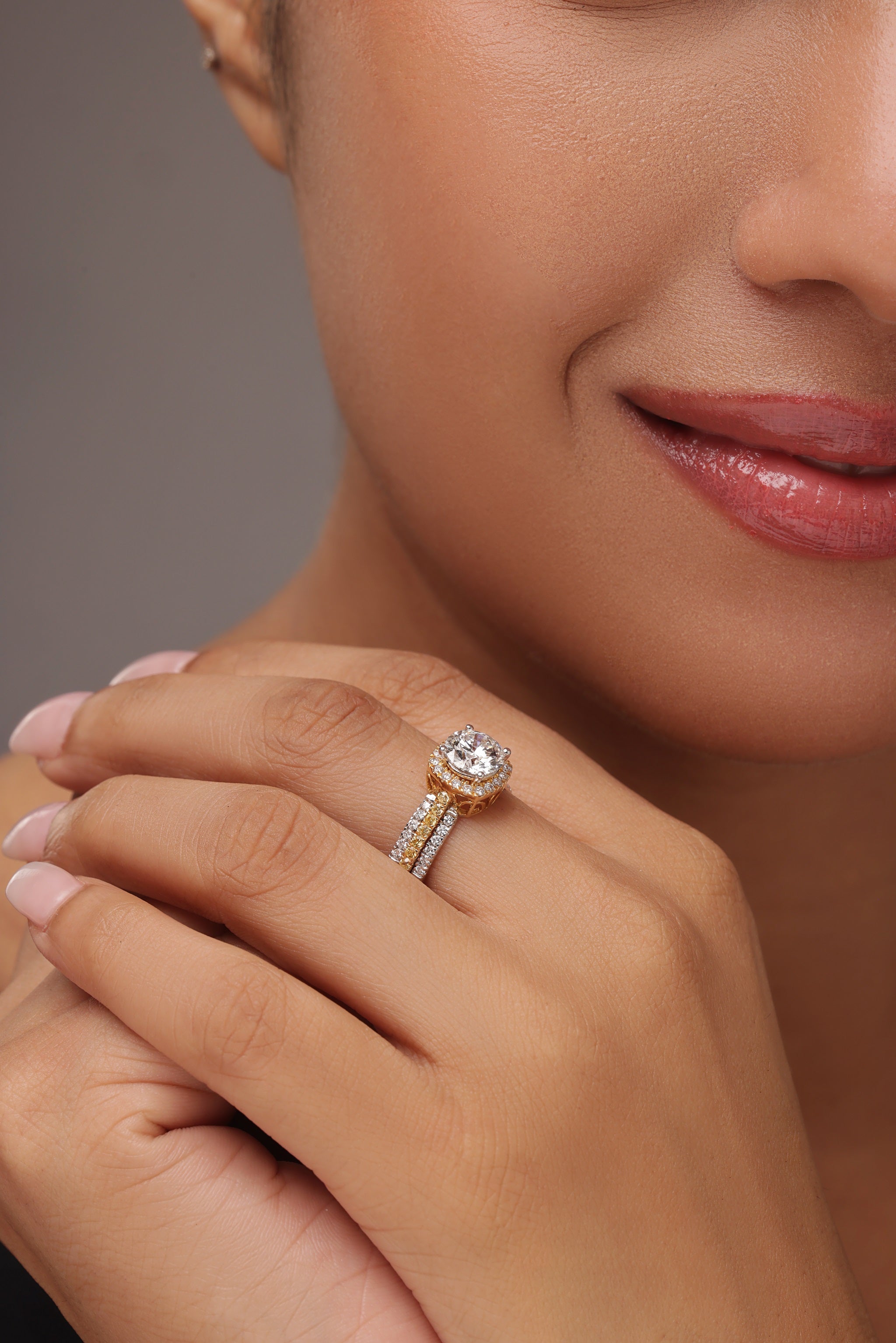 Round Brilliant Cushion Halo Ring with Triple Band