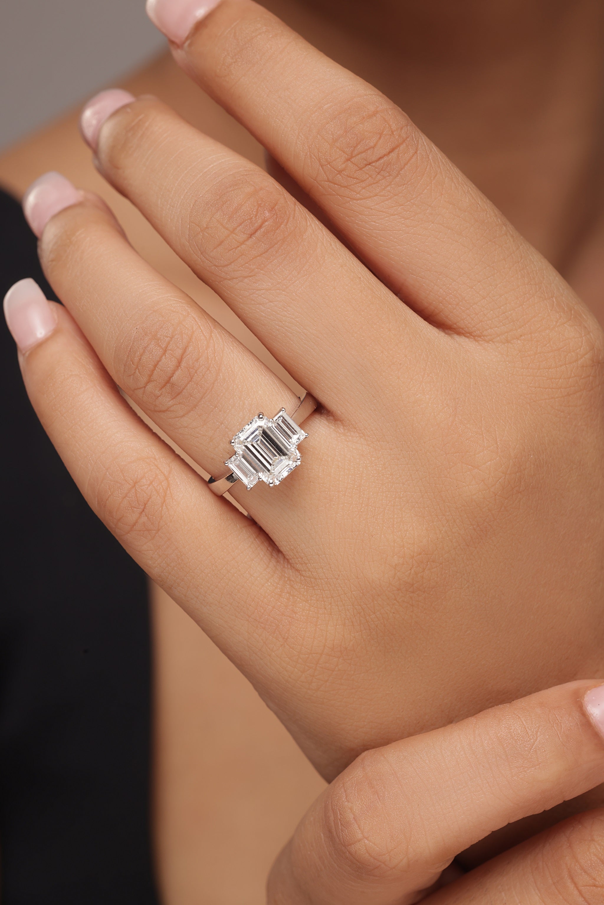 Emerald-Cut Diamond Trio Ring with Baguette Accents