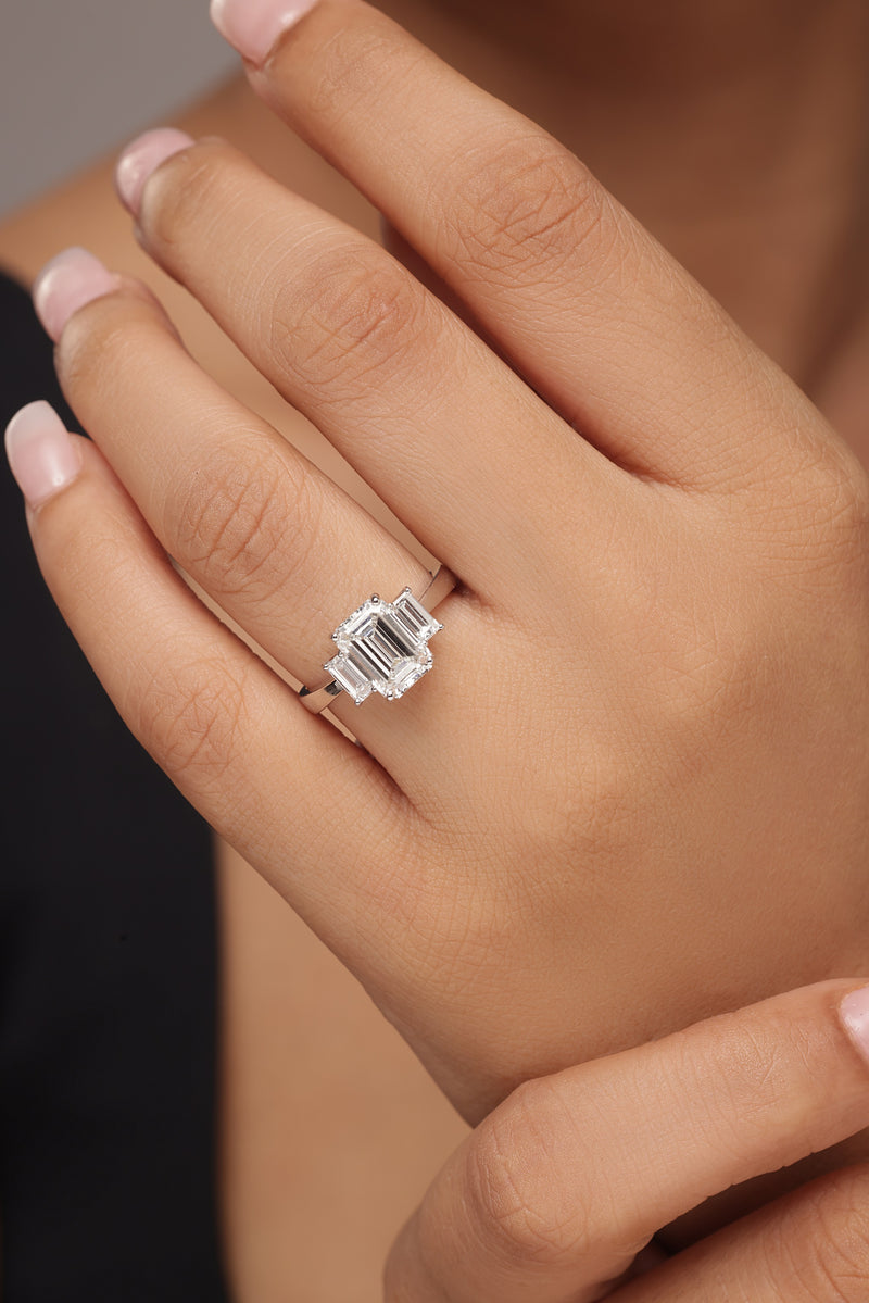 Emerald-Cut Diamond Trio Ring with Baguette Accents