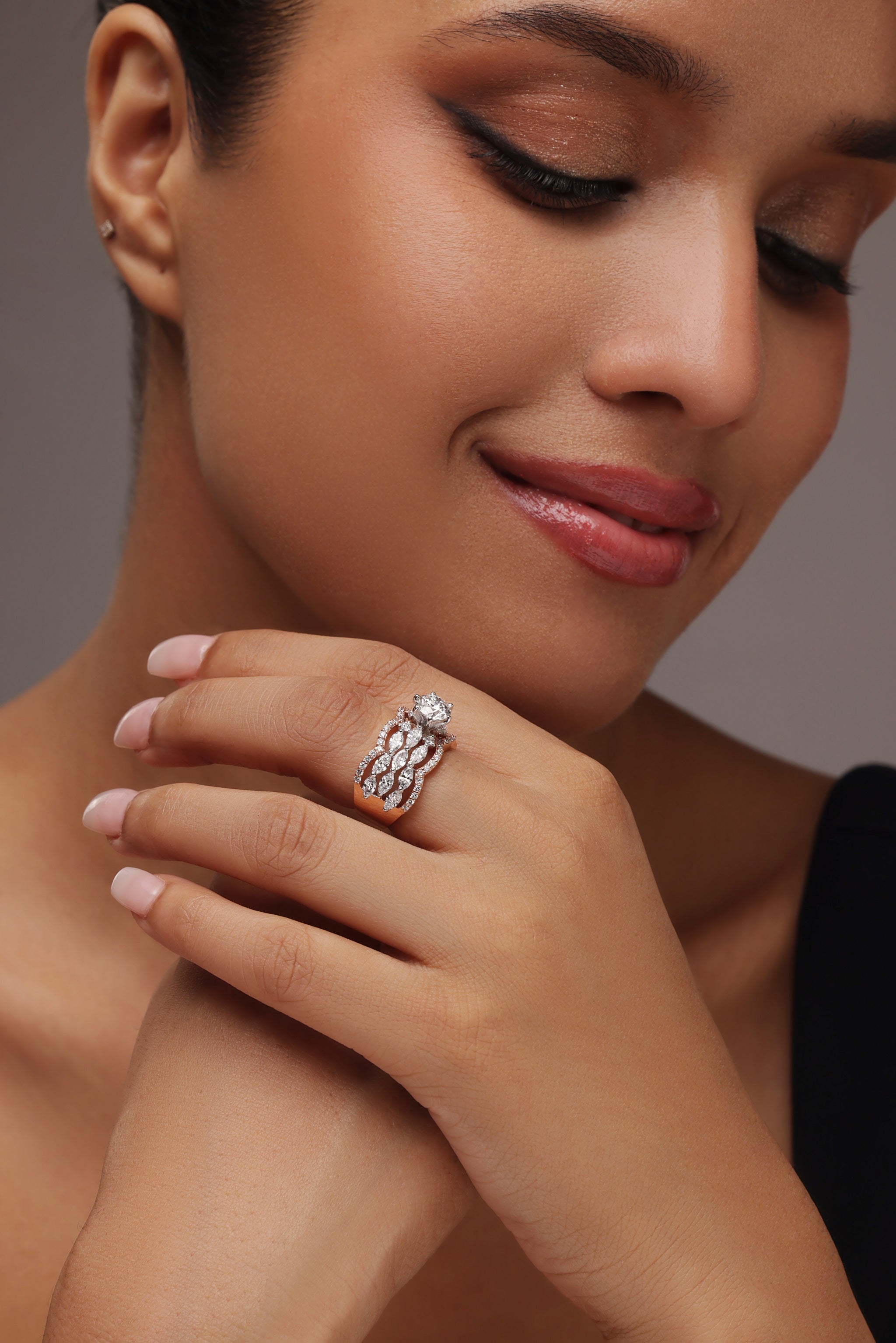 Marquise Diamond Clusters and Pavé Halo Ring