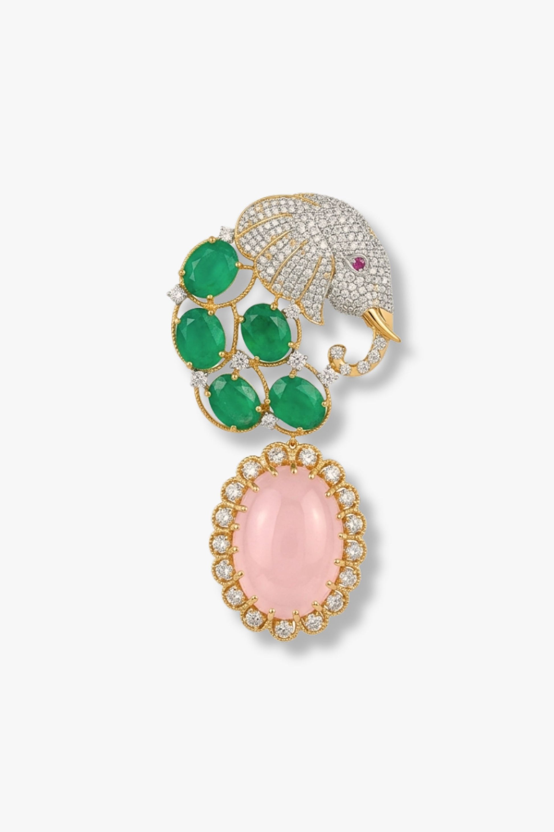 Emerald and Rose Elephant Brooch
