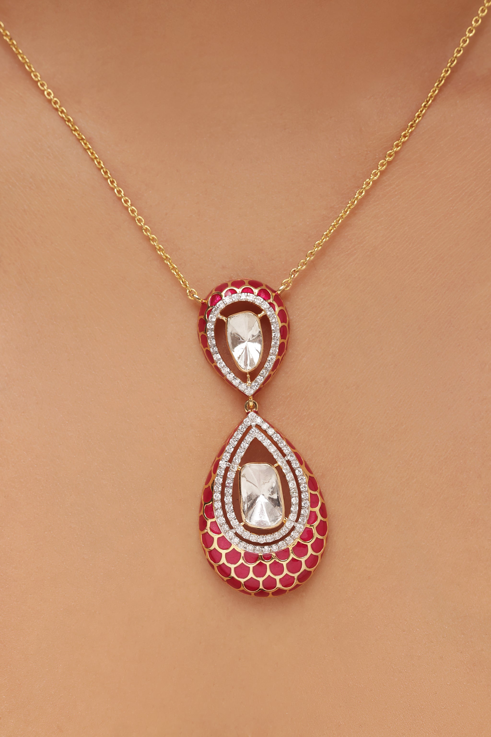 Polki and Enamel Double-Drop Pendant