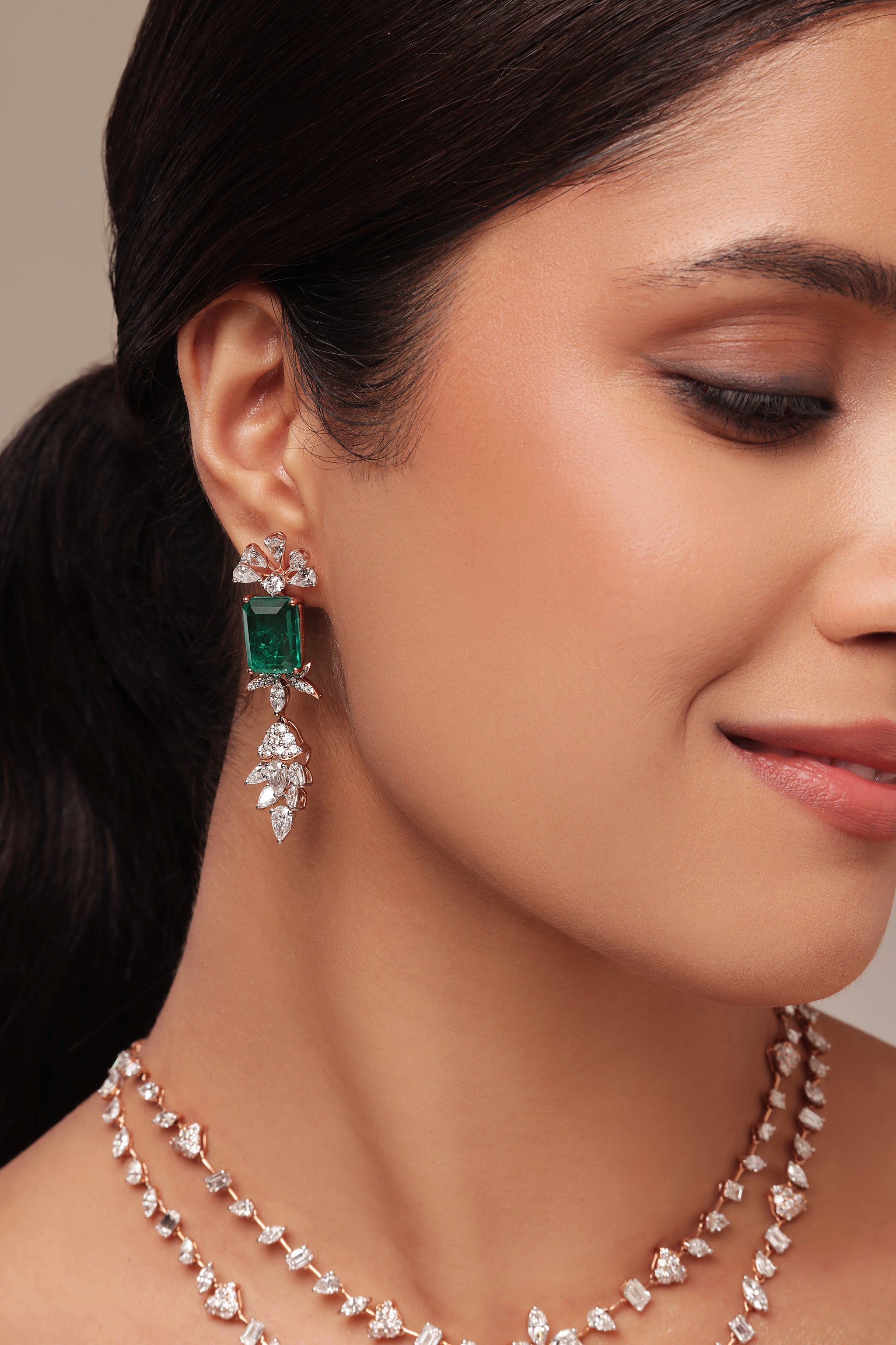 Emerald & Multi Diamond Layered Earring