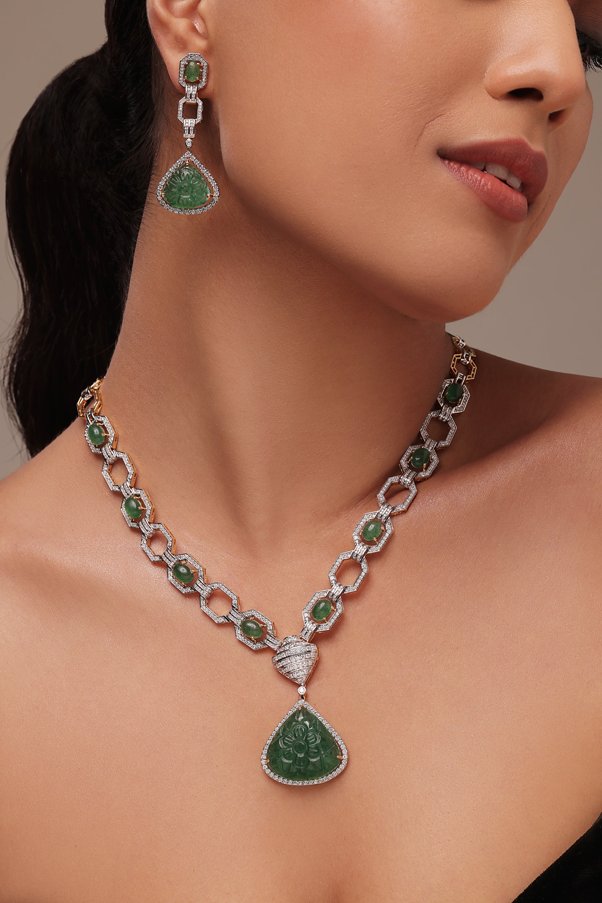 Carved Emerald and Diamond Earring