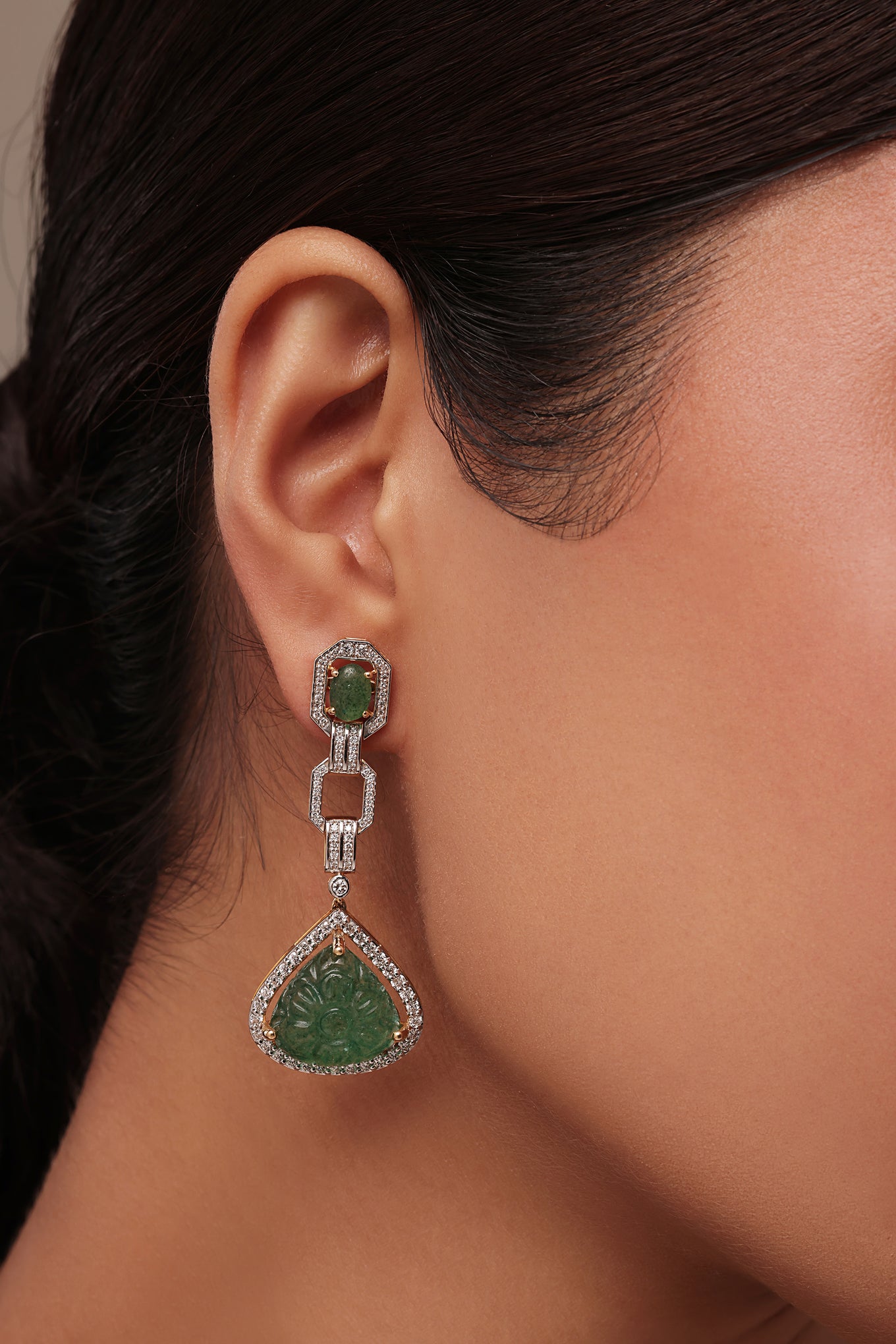 Carved Emerald and Diamond Earring