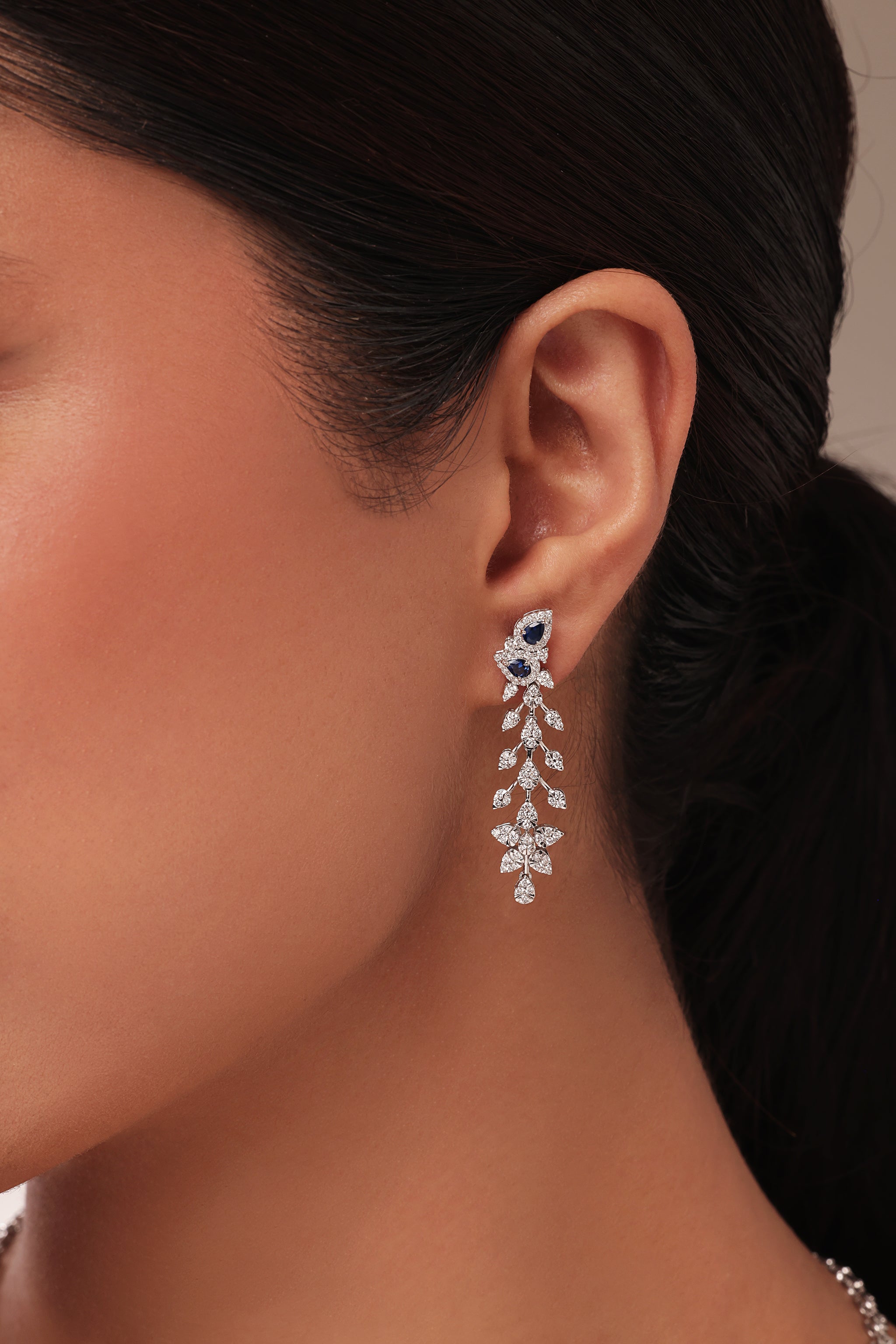 Carved Blue Emerald and Pear Diamond Earring