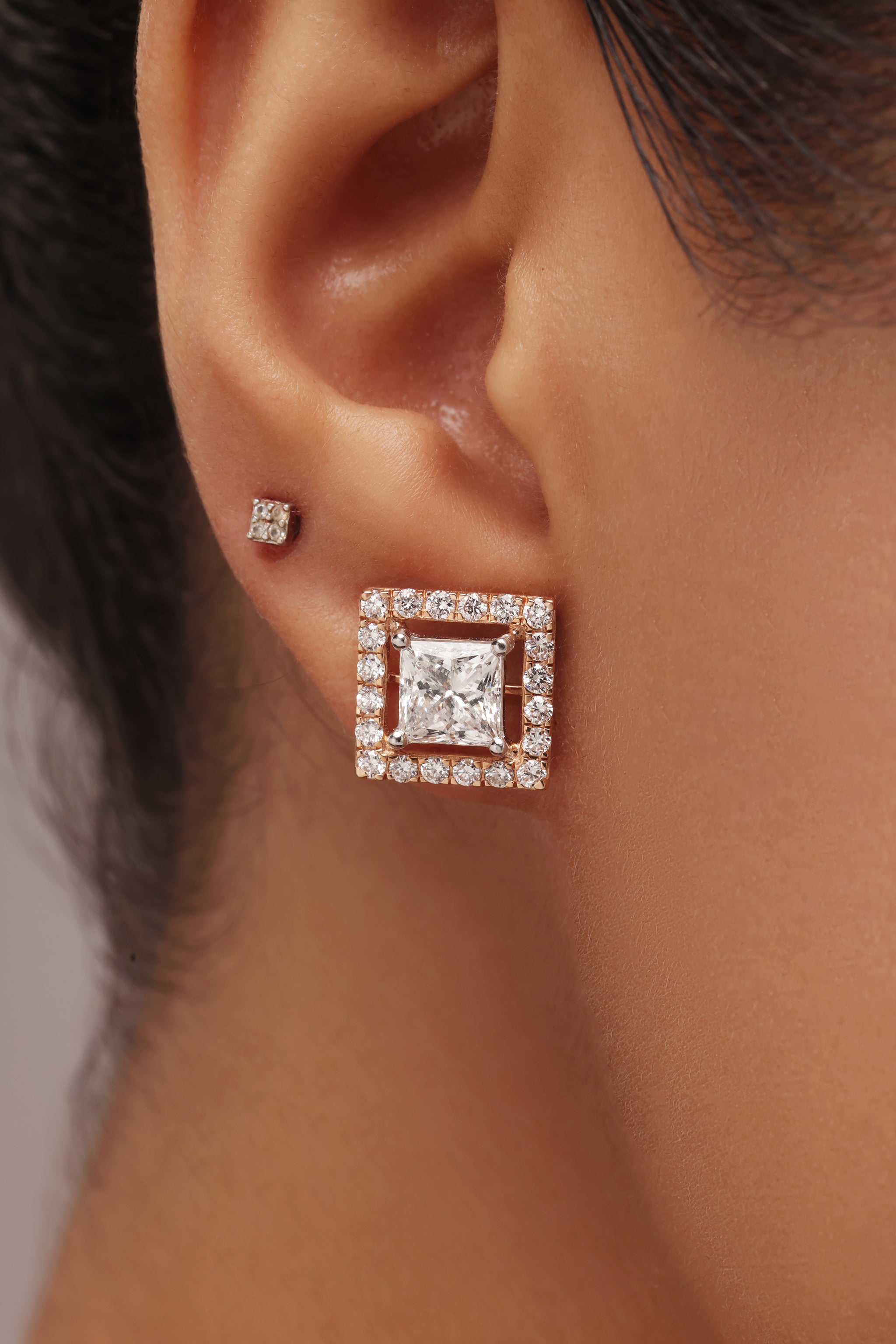 Princess cut Halo Diamond Earring