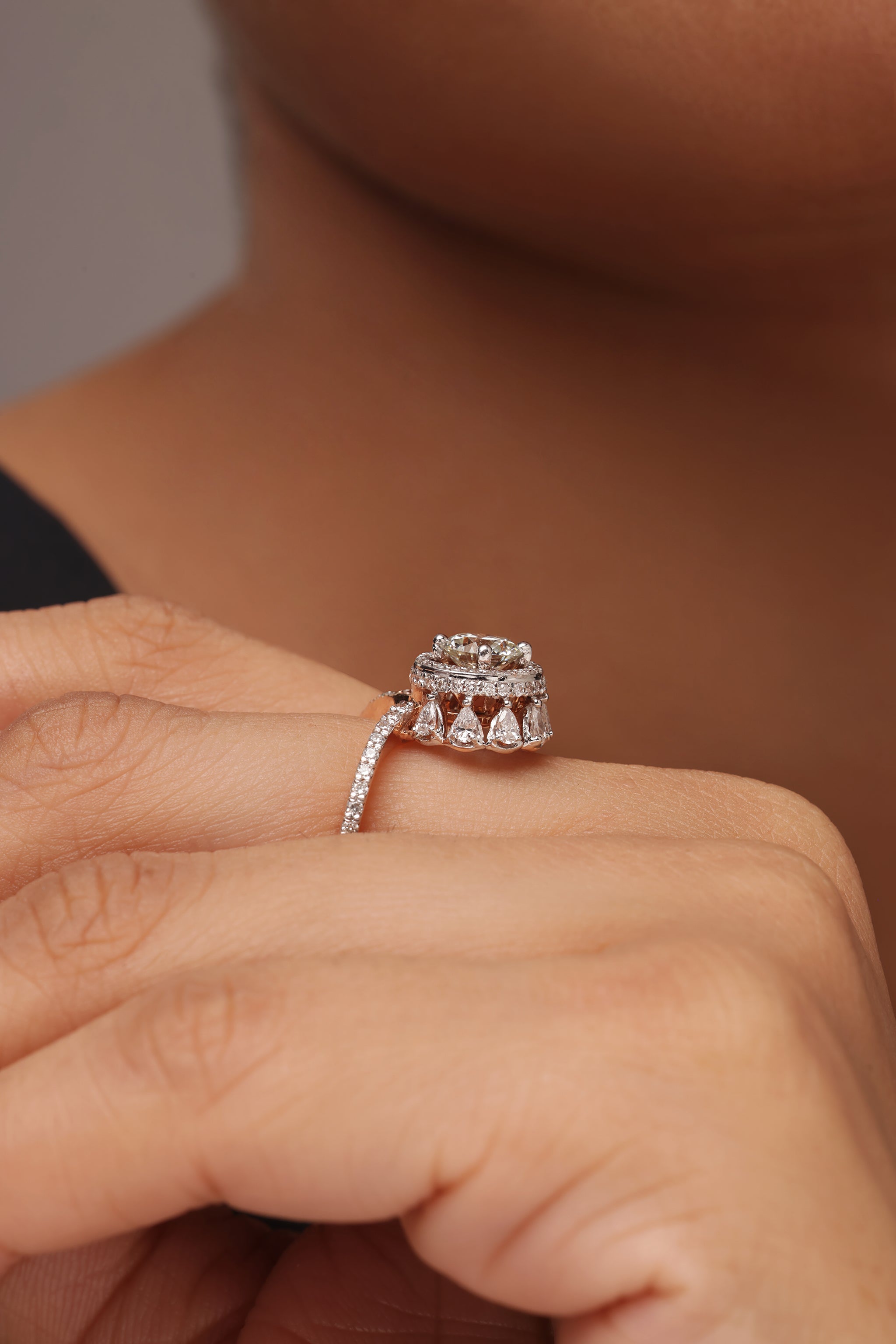 Diamond Crown Ring with Pear-Shaped Dangles and Pavé Band