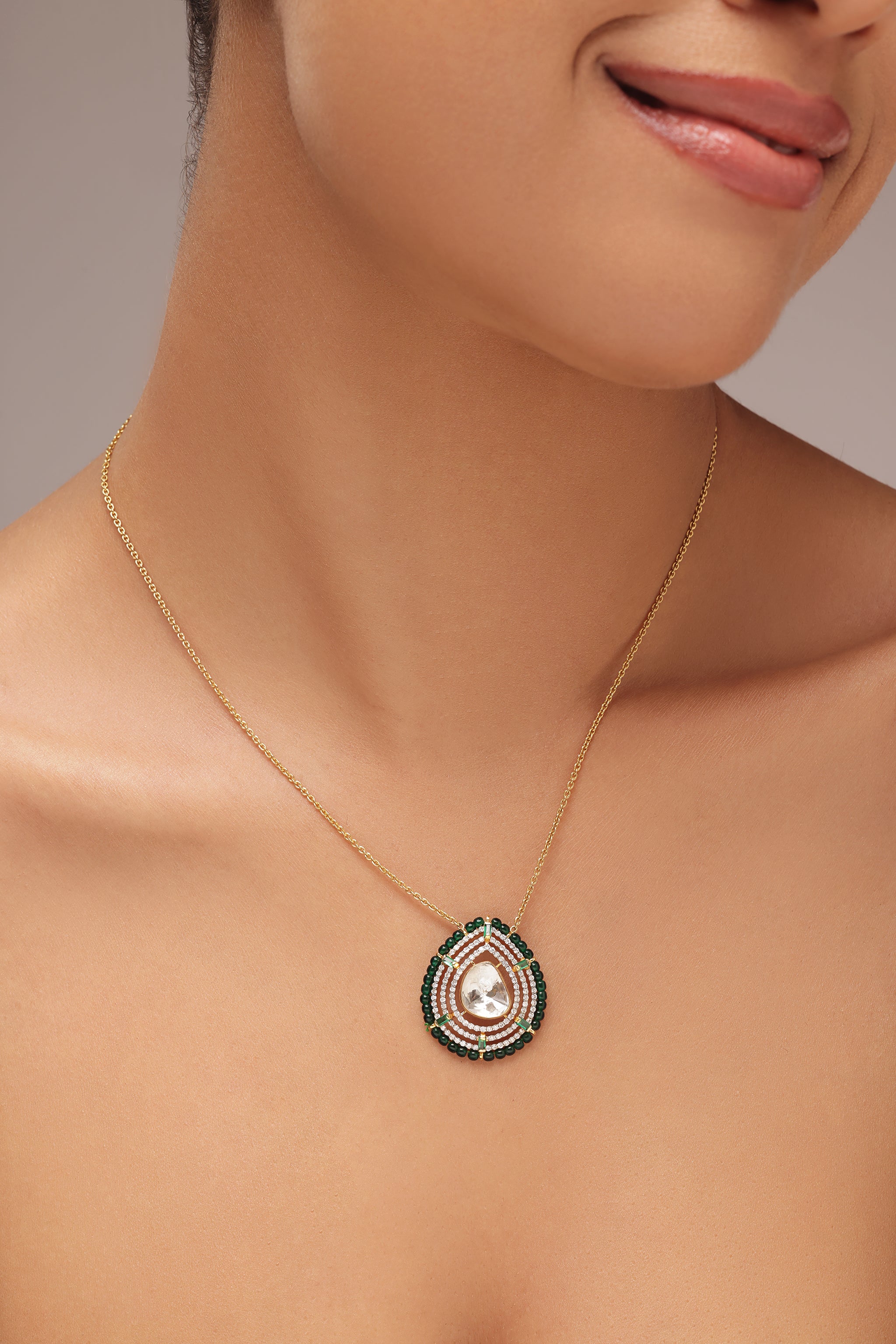 Polki and Emerald Teardrop Pendant